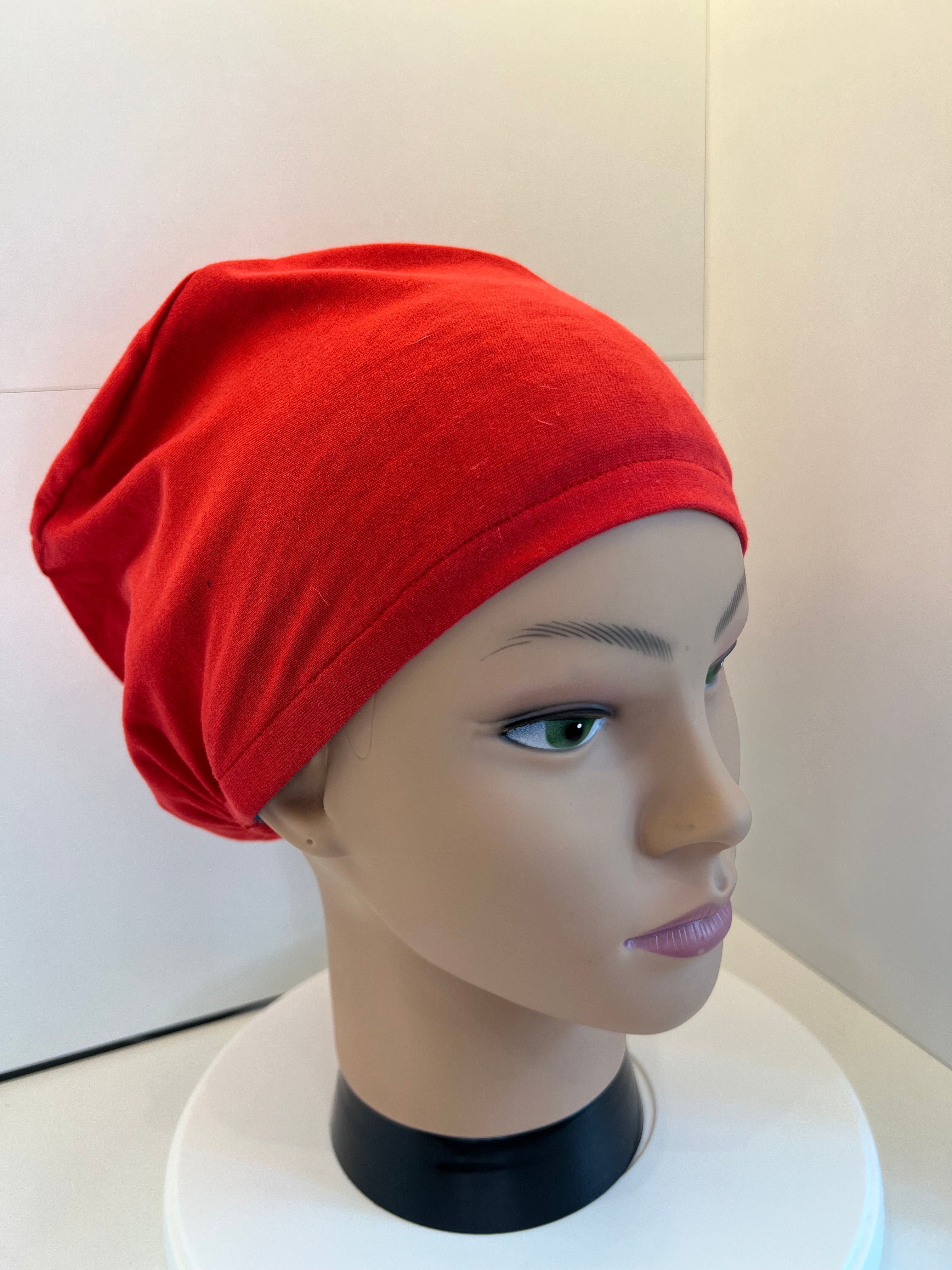 Plain red Soft Jersey Fabric theatre scrub cap / hat.  Ethically made.