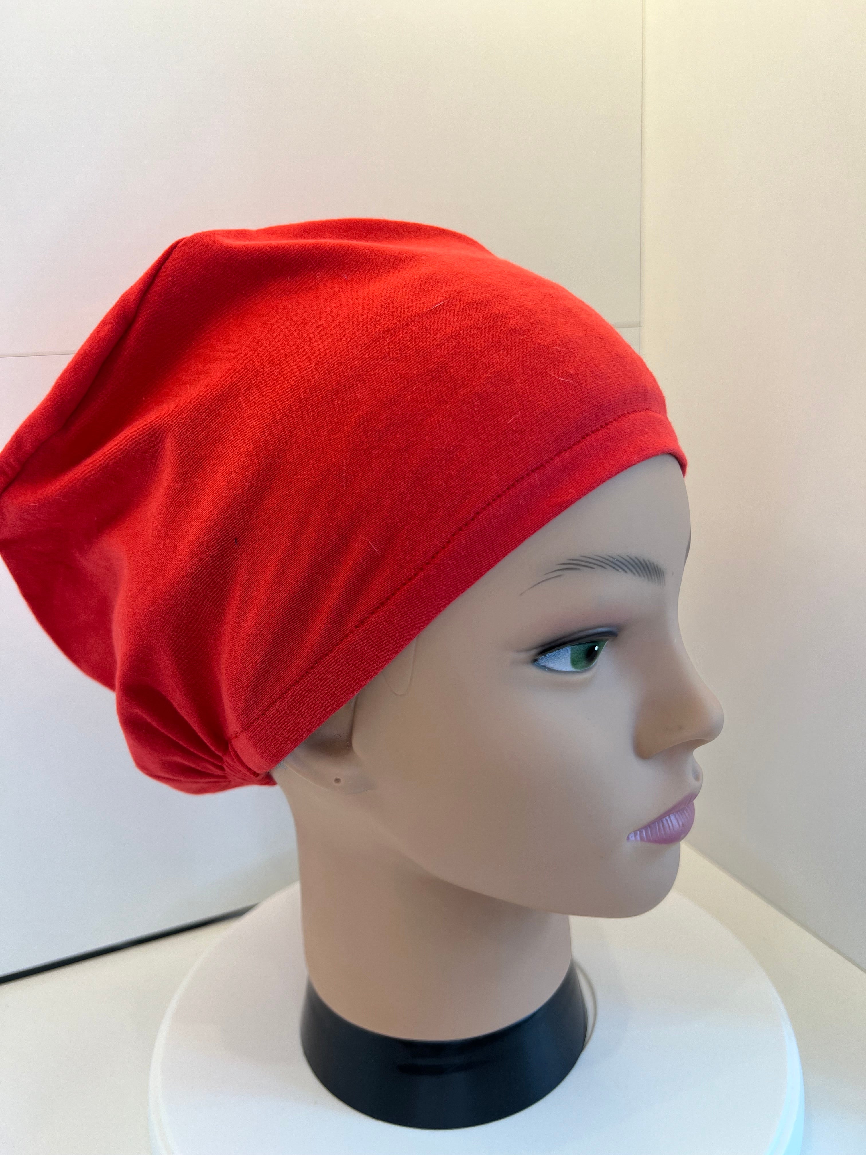 Plain red Soft Jersey Fabric theatre scrub cap / hat.  Ethically made.