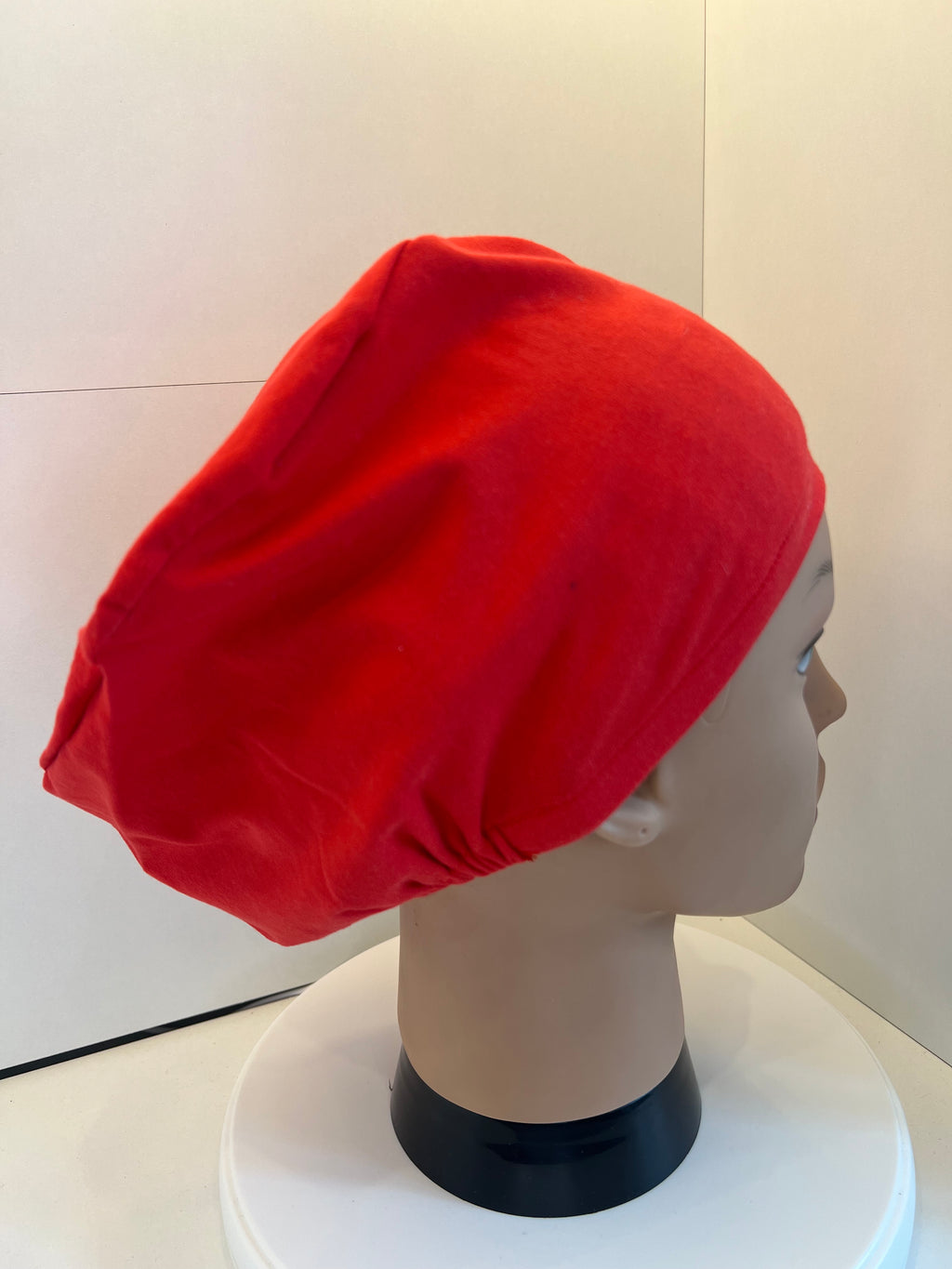Plain red Soft Jersey Fabric theatre scrub cap / hat.  Ethically made.