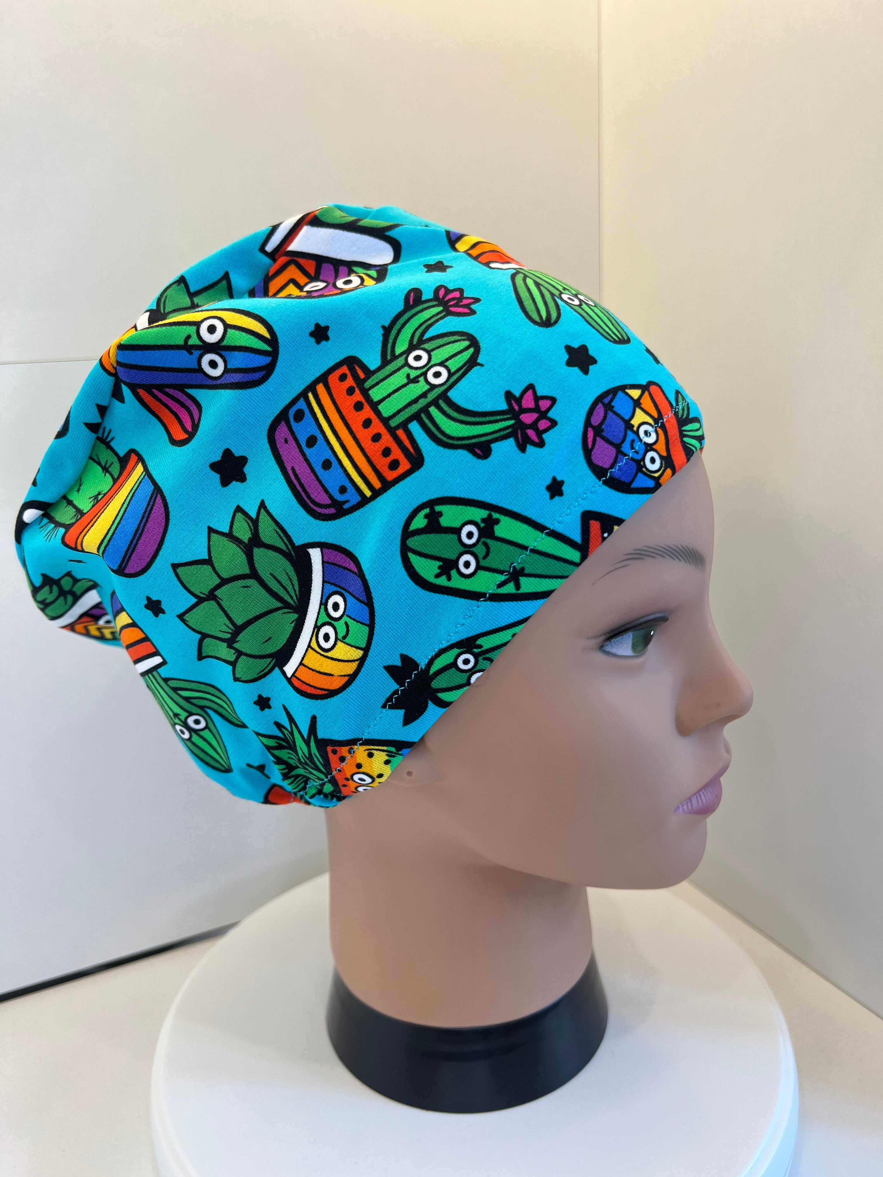 Prickly Pals Cacti Premium Cotton Jersey Super Soft Surgical/Theatre Scrub Hat/Cap. UK Handmade
