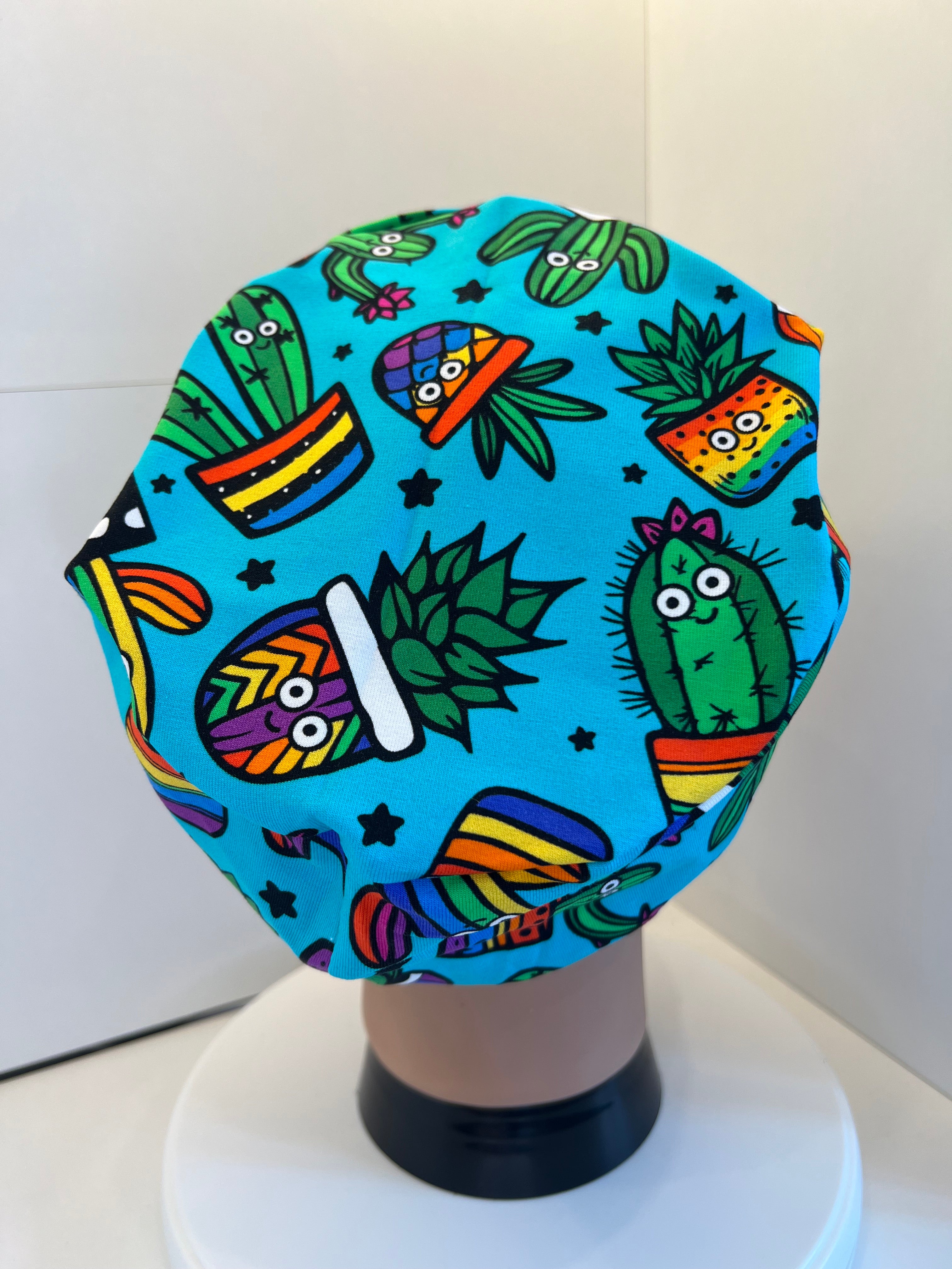 Prickly Pals Cacti Premium Cotton Jersey Super Soft Surgical/Theatre Scrub Hat/Cap. UK Handmade