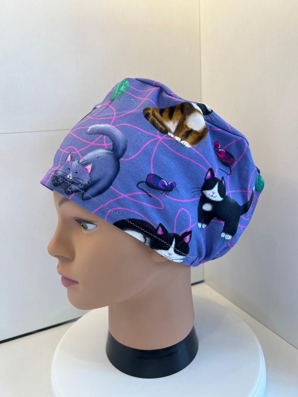 Cats in a Tangle design Soft Jersey Fabric theatre scrub cap / hat.  Ethically made.