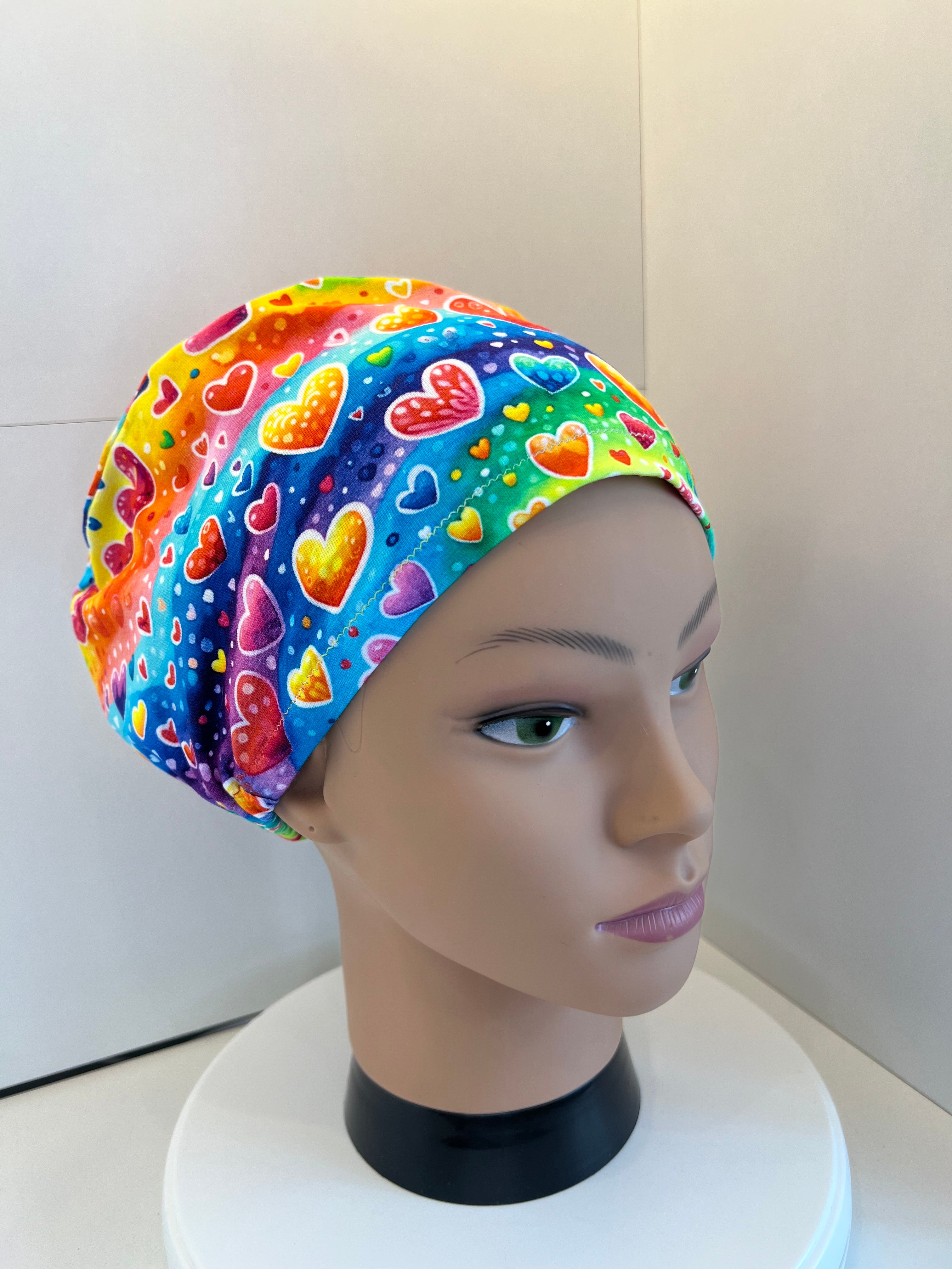 Rainbow Bubble Hearts Premium Cotton Jersey super soft theatre scrub hat/cap - Love, Valentine's Day