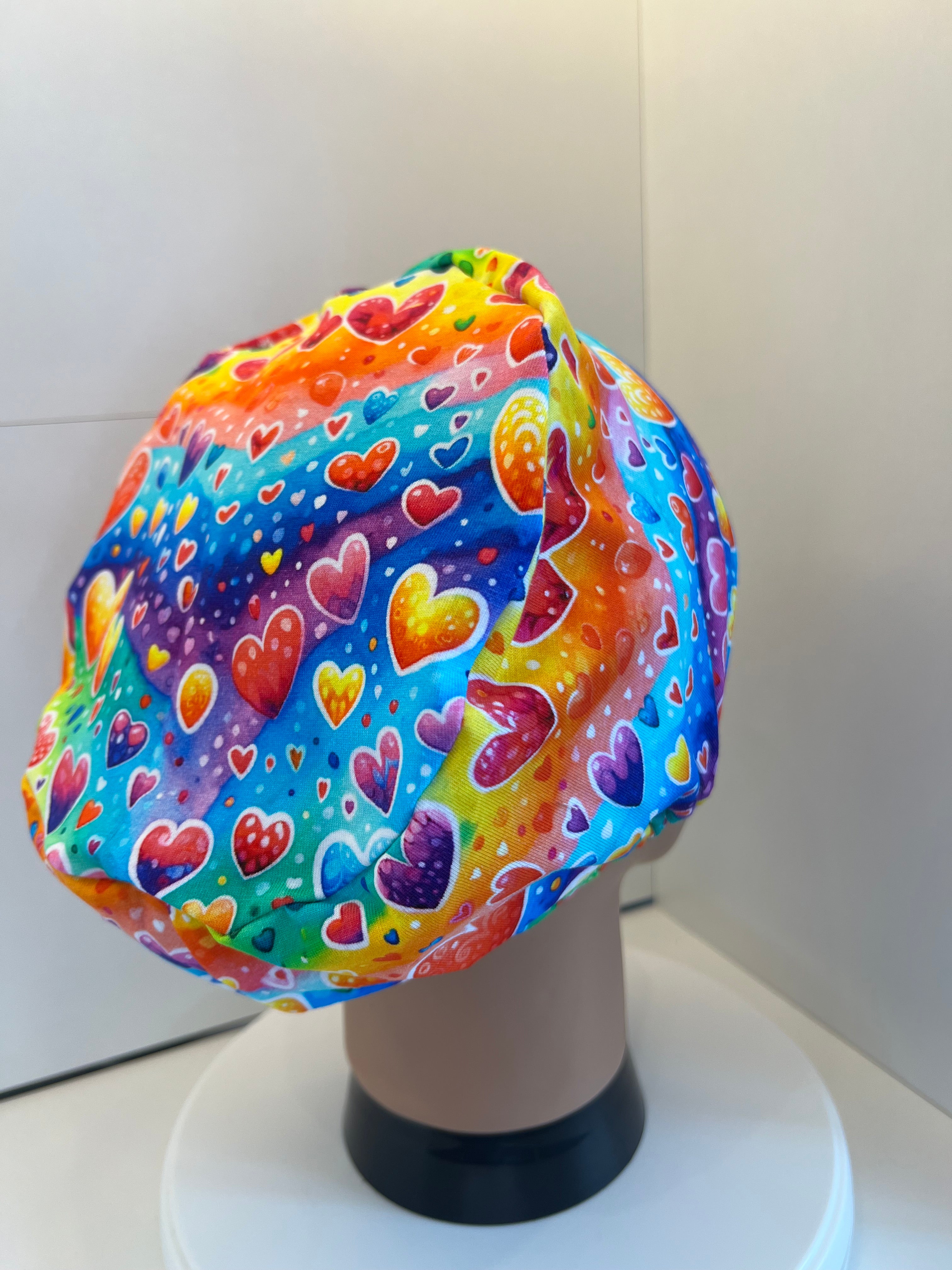 Rainbow Bubble Hearts Premium Cotton Jersey super soft theatre scrub hat/cap - Love, Valentine's Day