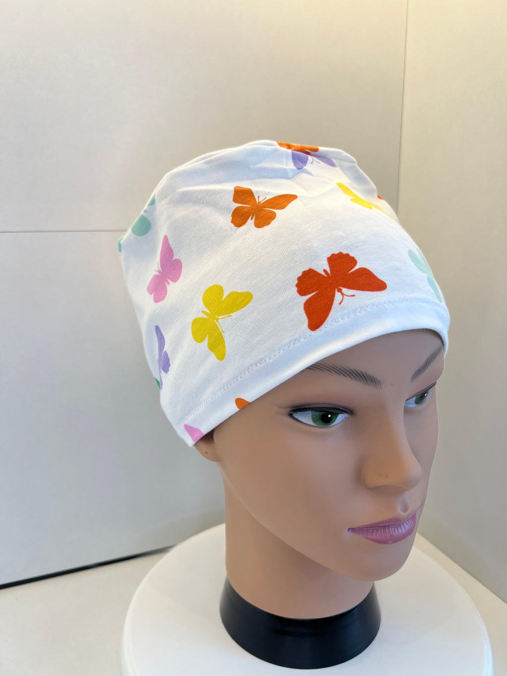 Rainbow Butterflies Soft Jersey Fabric theatre scrub cap / hat.