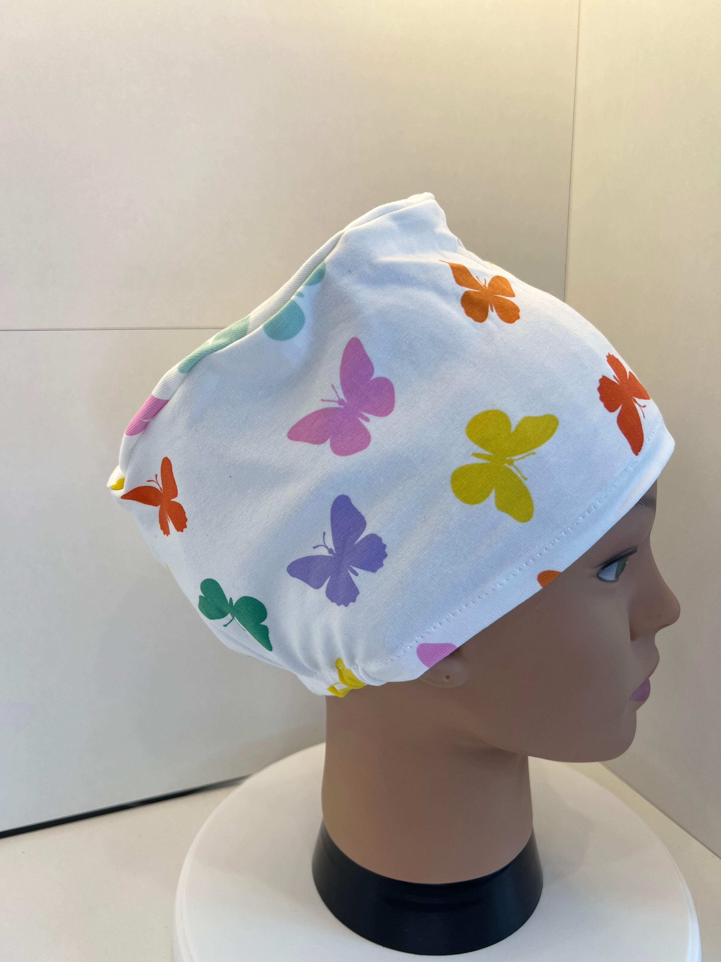 Rainbow Butterflies Soft Jersey Fabric theatre scrub cap / hat.
