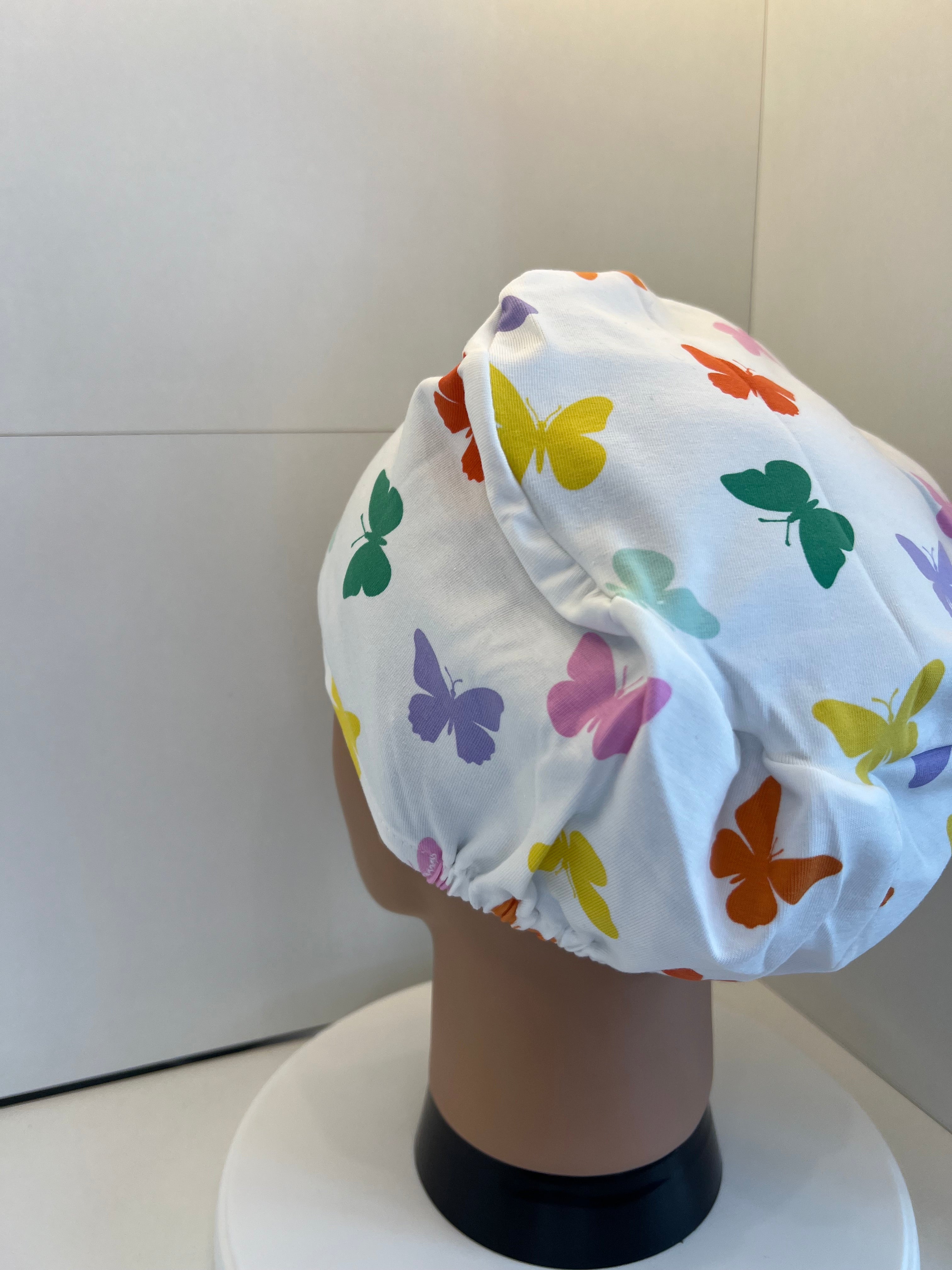 Rainbow Butterflies Soft Jersey Fabric theatre scrub cap / hat.