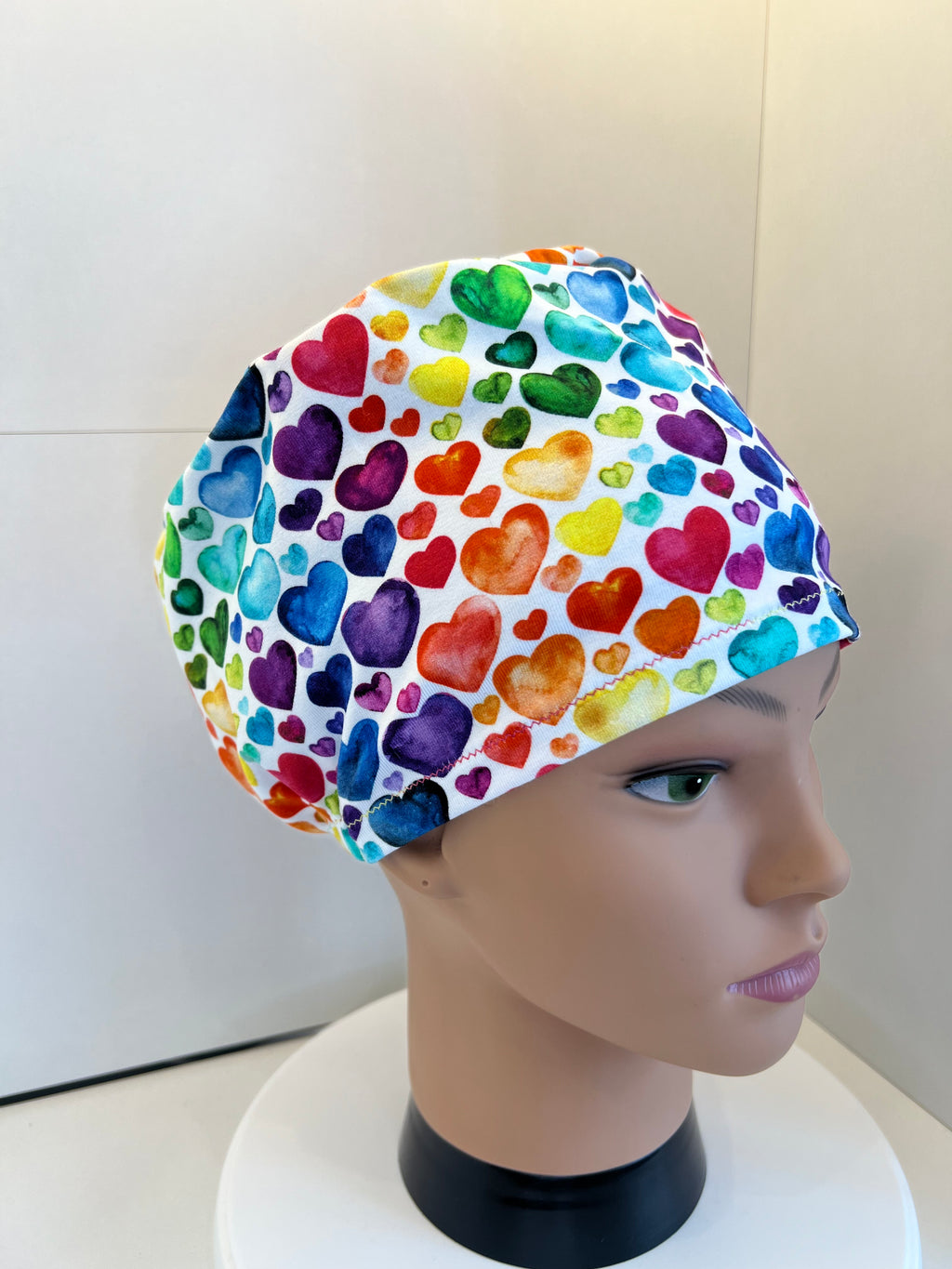Rainbow Hearts Soft Jersey Fabric theatre scrub cap / hat.  Ethically made. Standard and Large size