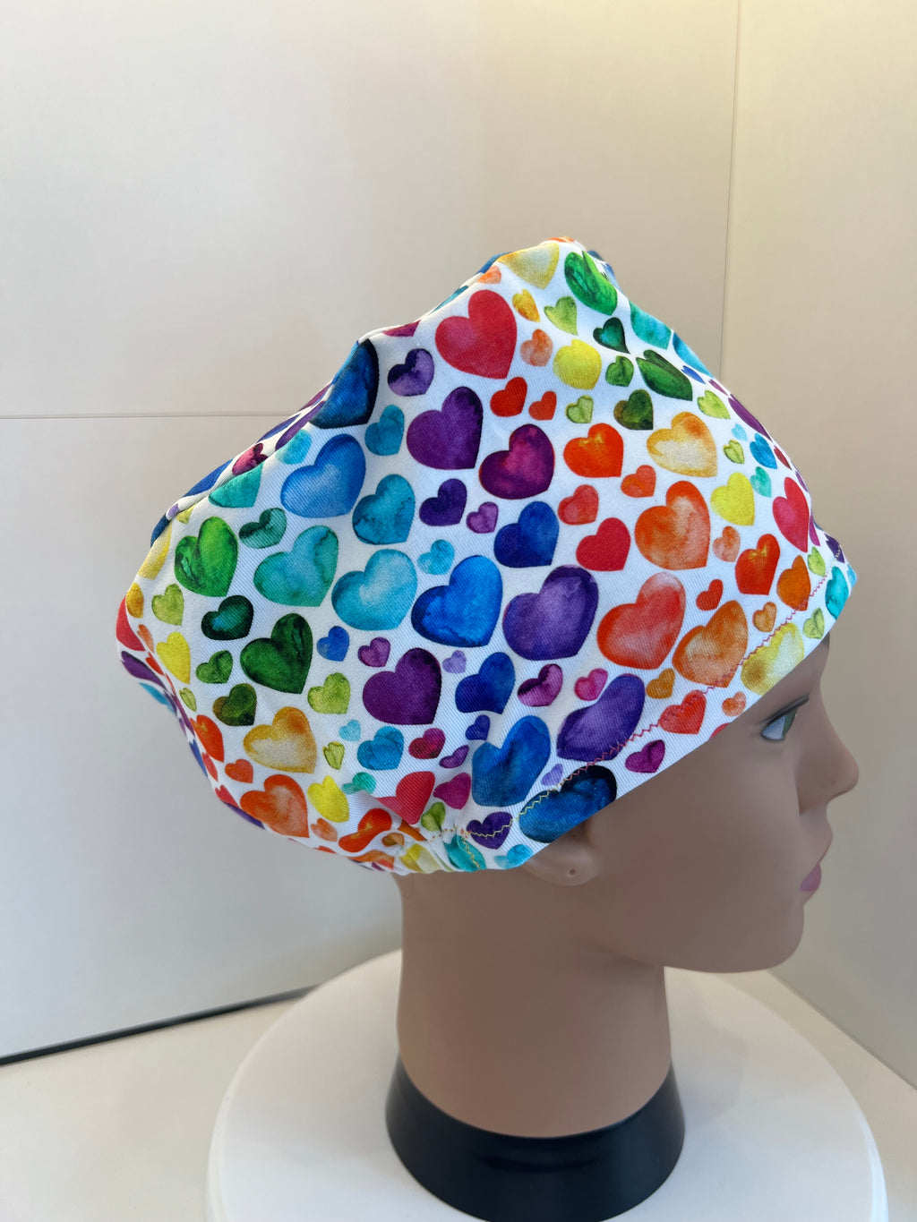 Rainbow Hearts Soft Jersey Fabric theatre scrub cap / hat.  Ethically made. Standard and Large size