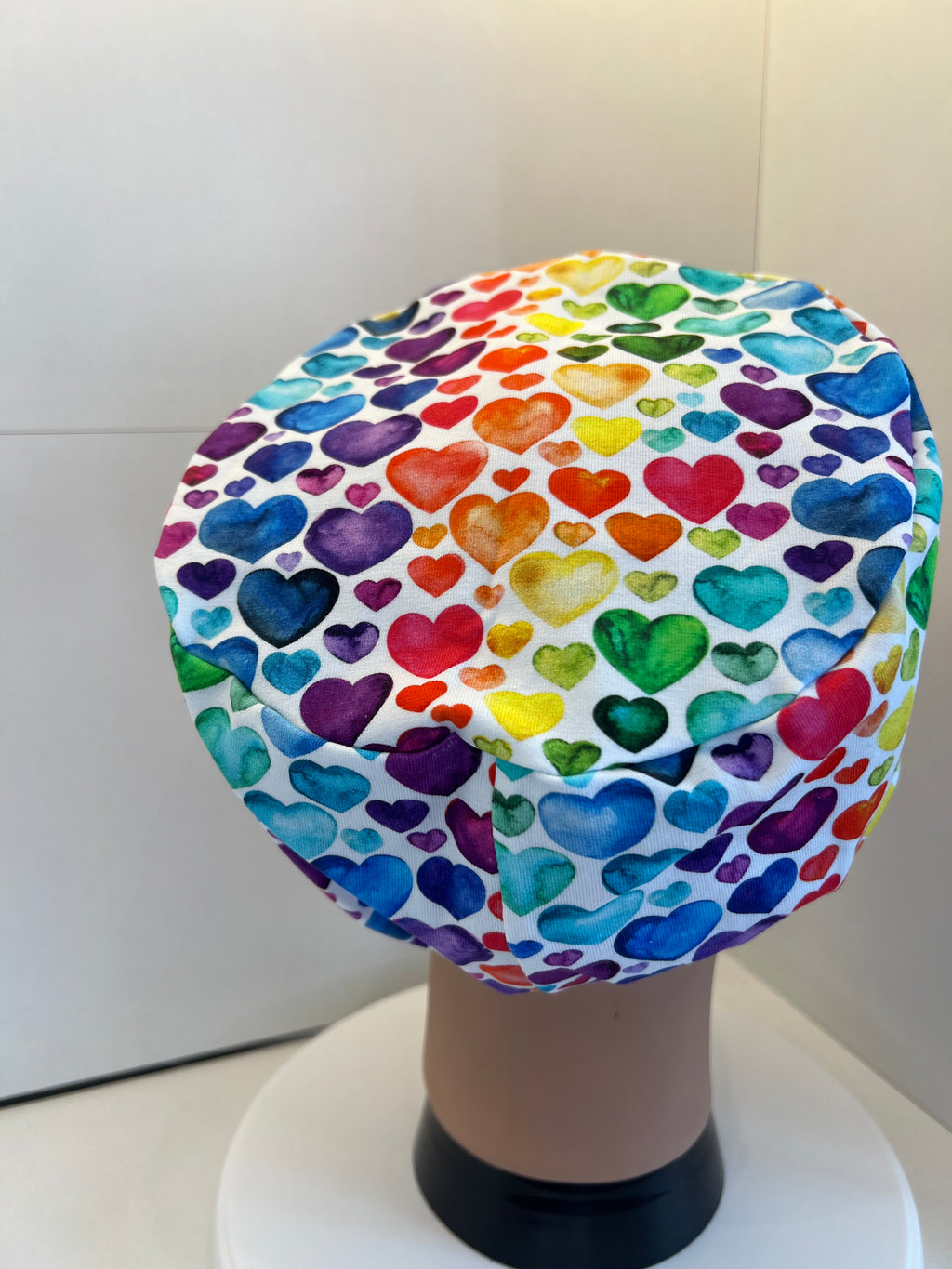 Rainbow Hearts Soft Jersey Fabric theatre scrub cap / hat.  Ethically made. Standard and Large size