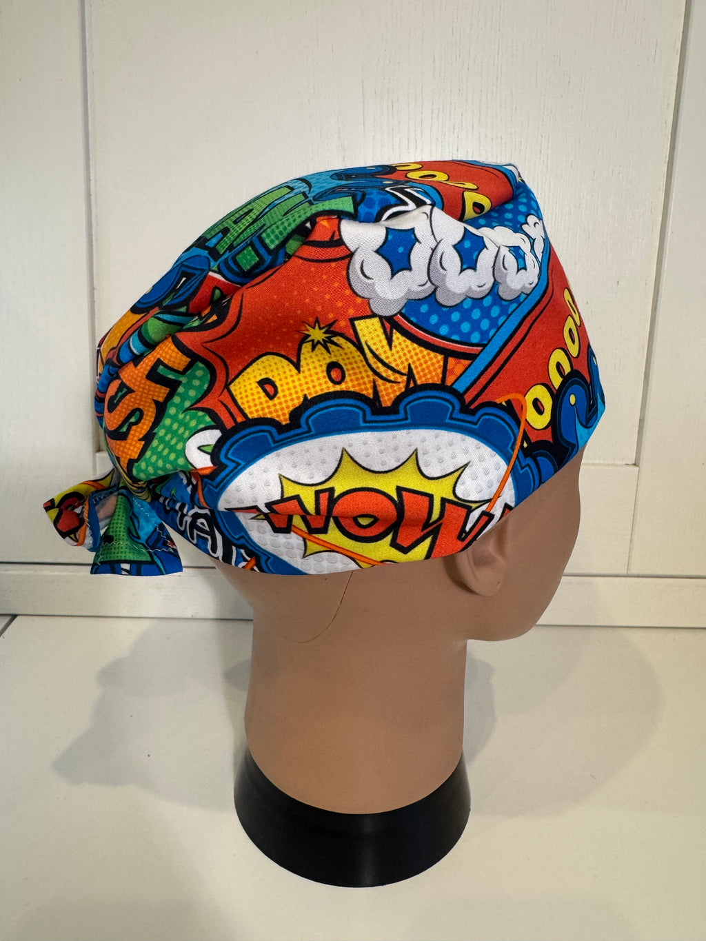 Bright Superhero Slogans Cotton Fabric tie-back theatre scrub cap / hat