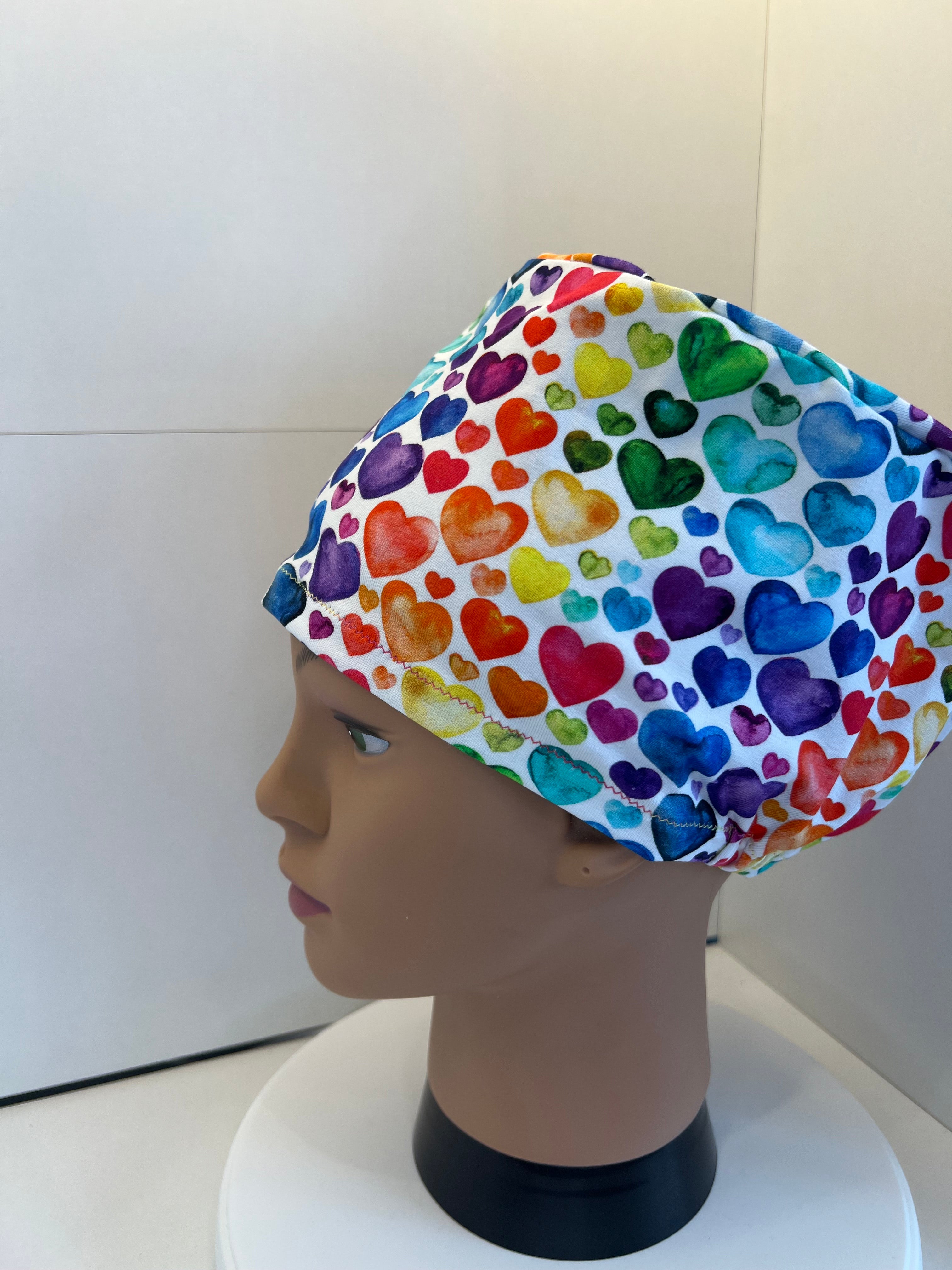 Rainbow Hearts Soft Jersey Fabric theatre scrub cap / hat.  Ethically made. Standard and Large size