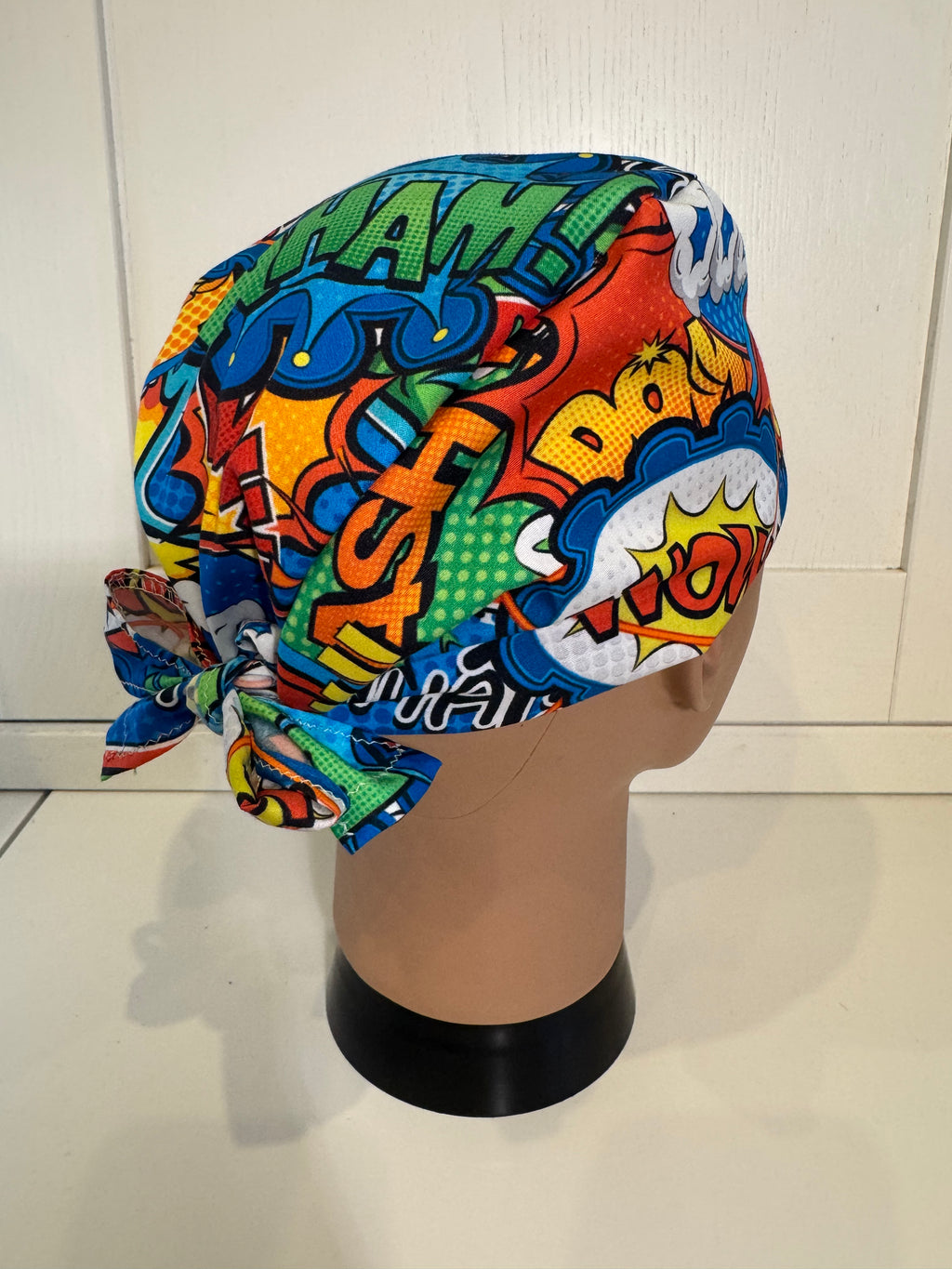 Bright Superhero Slogans Cotton Fabric tie-back theatre scrub cap / hat