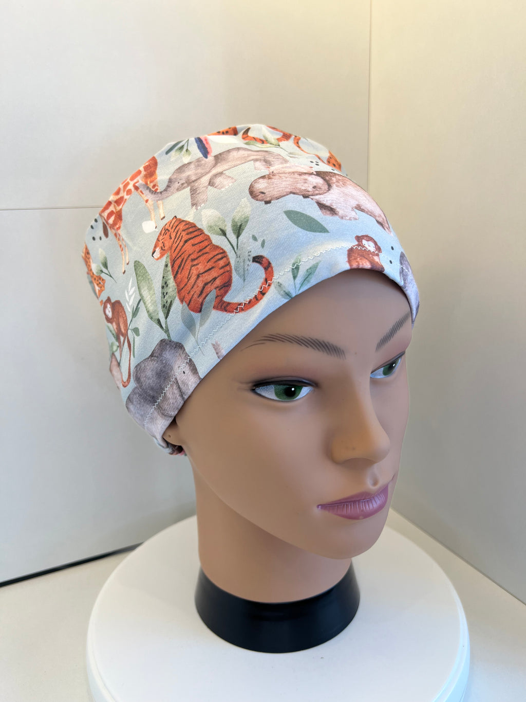 Pale Blue Safari Animals Premium Jersey super soft and smooth cotton theatre scrub hat/cap