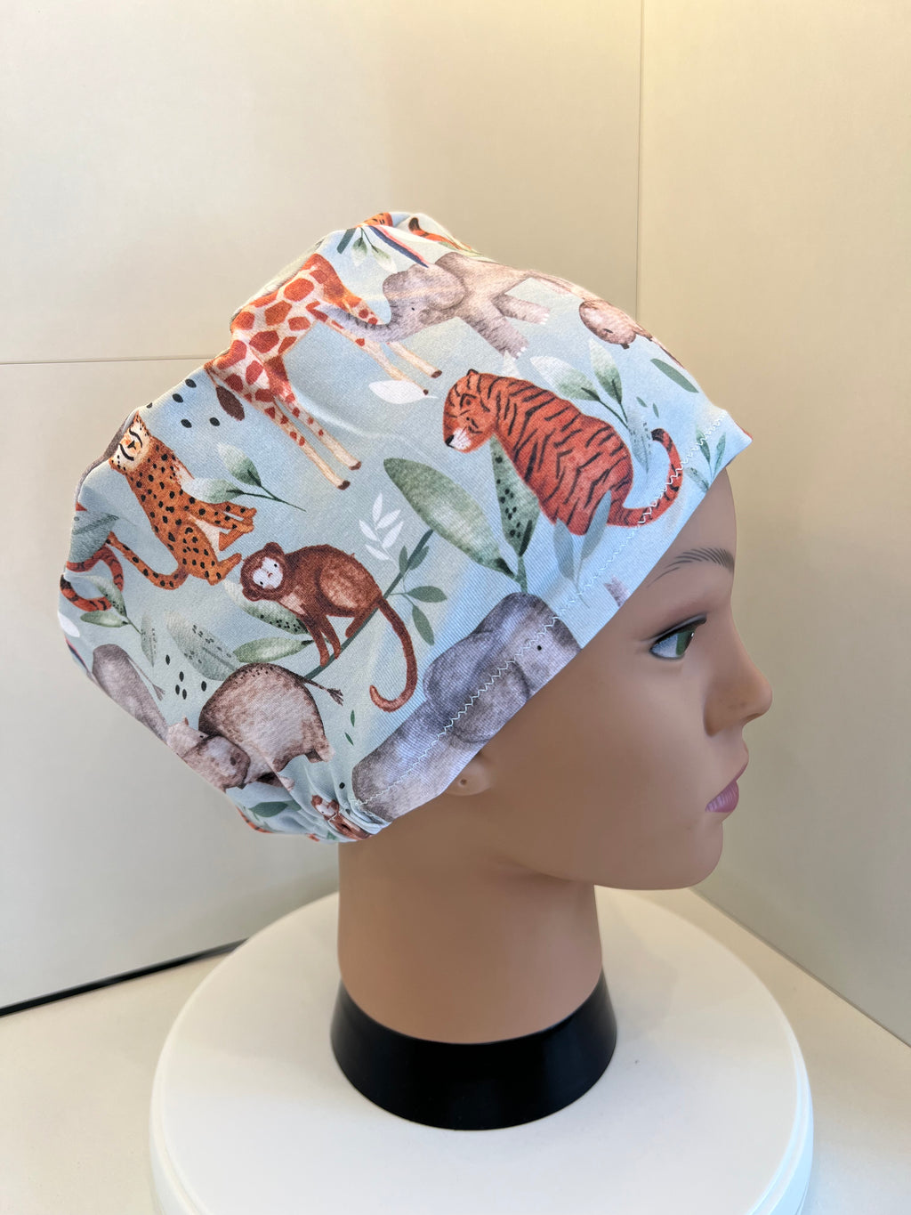 Pale Blue Safari Animals Premium Jersey super soft and smooth cotton theatre scrub hat/cap