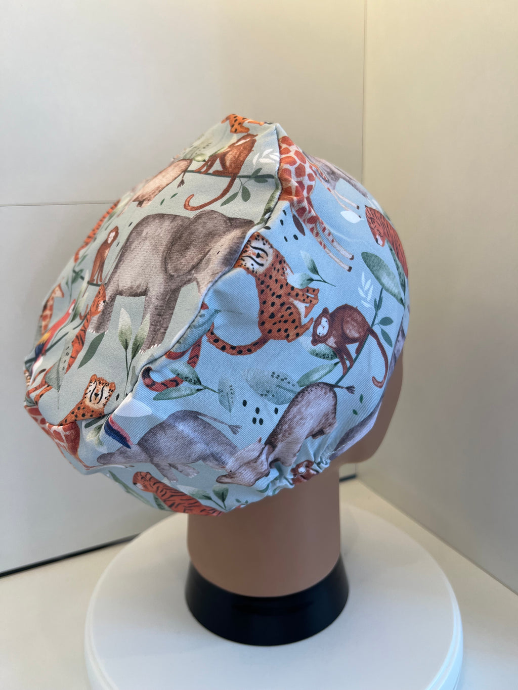 Pale Blue Safari Animals Premium Jersey super soft and smooth cotton theatre scrub hat/cap