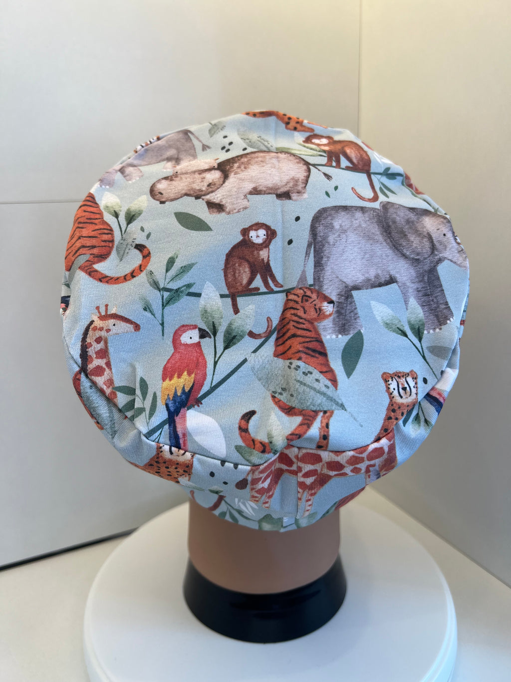 Pale Blue Safari Animals Premium Jersey super soft and smooth cotton theatre scrub hat/cap