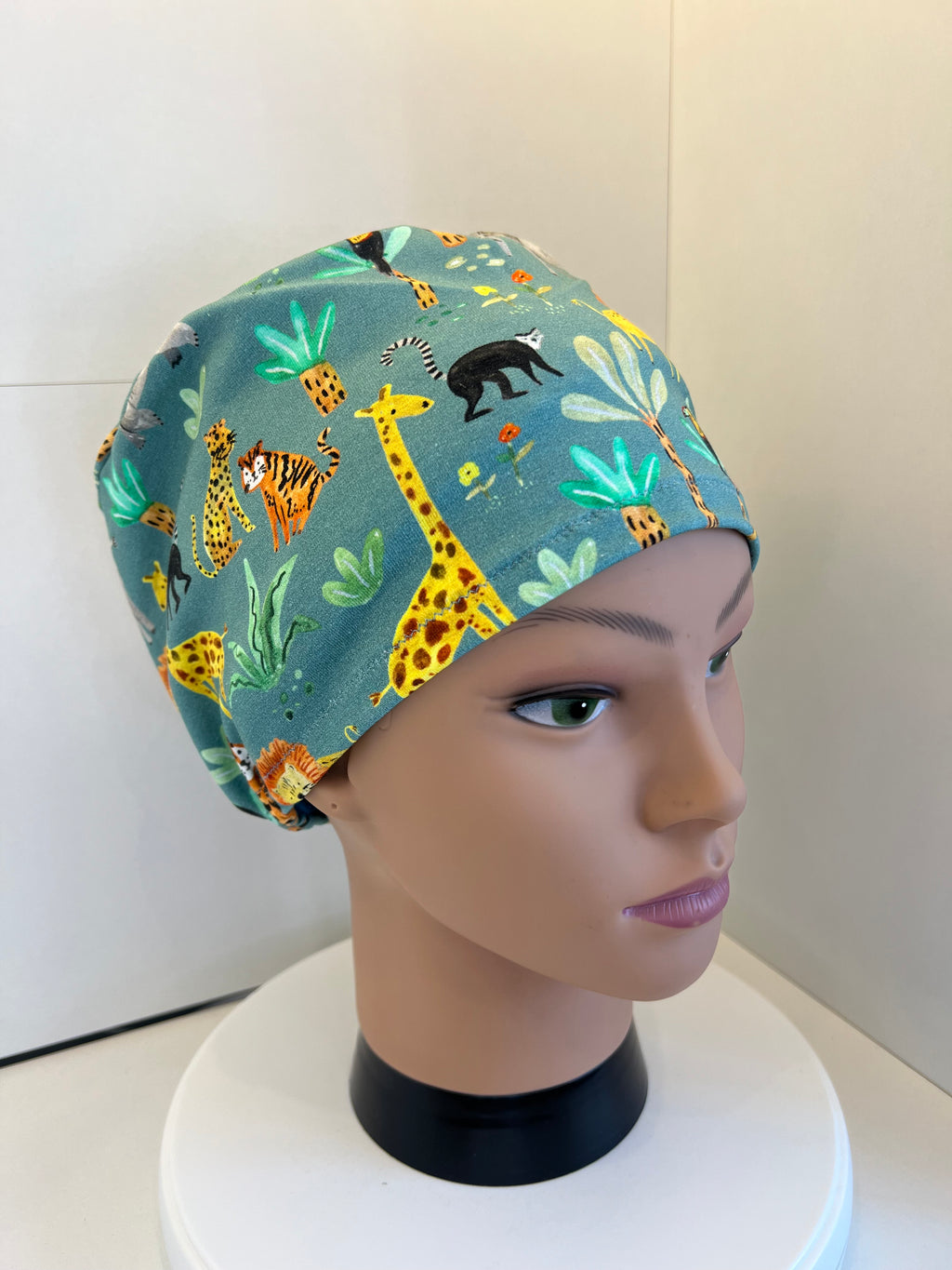 Sage Jungle Animals Soft Jersey Fabric theatre scrub cap / hat.  Ethically made. Standard and Large size