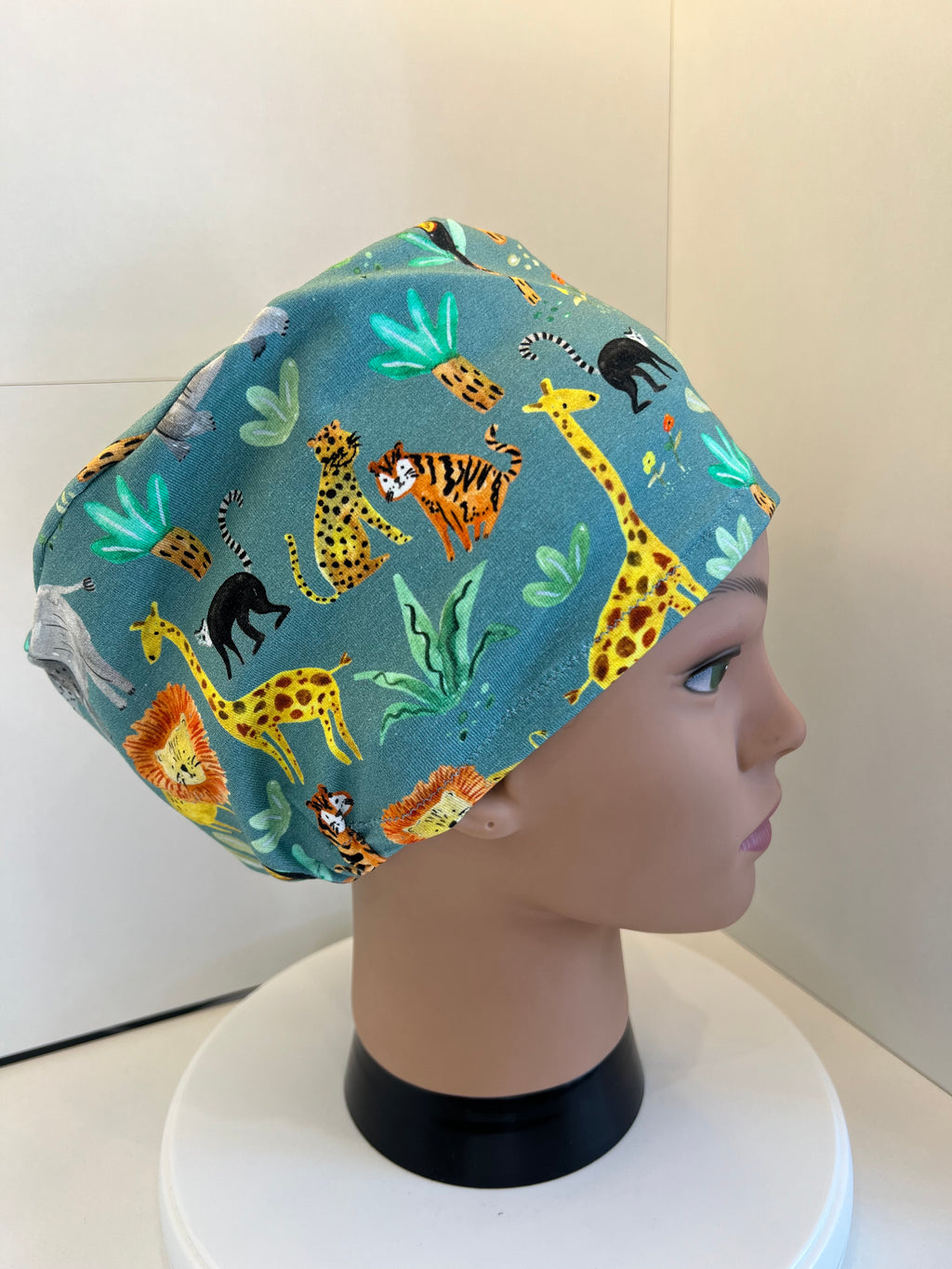 Sage Jungle Animals Soft Jersey Fabric theatre scrub cap / hat.  Ethically made. Standard and Large size