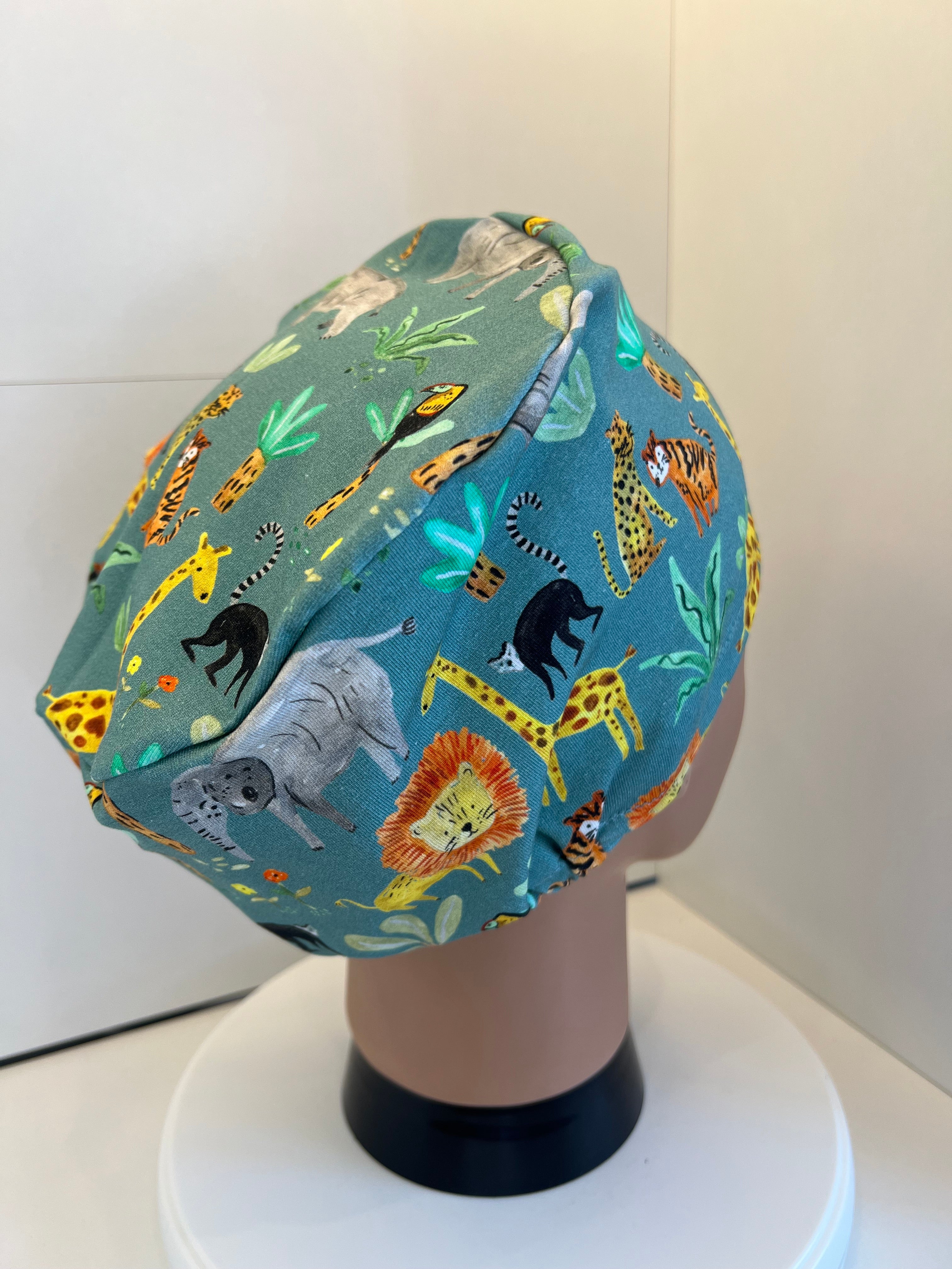 Sage Jungle Animals Soft Jersey Fabric theatre scrub cap / hat.  Ethically made. Standard and Large size
