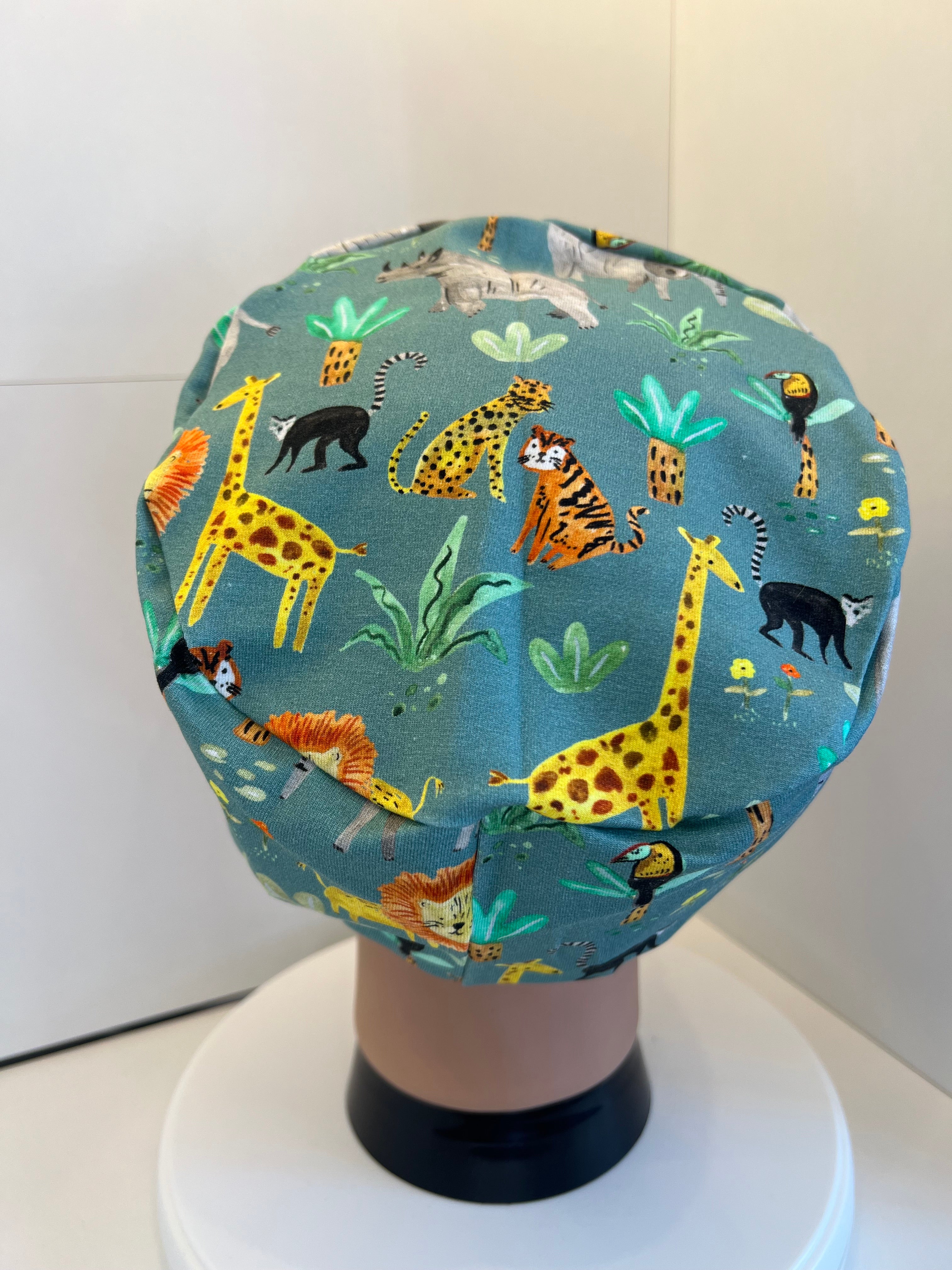 Sage Jungle Animals Soft Jersey Fabric theatre scrub cap / hat.  Ethically made. Standard and Large size