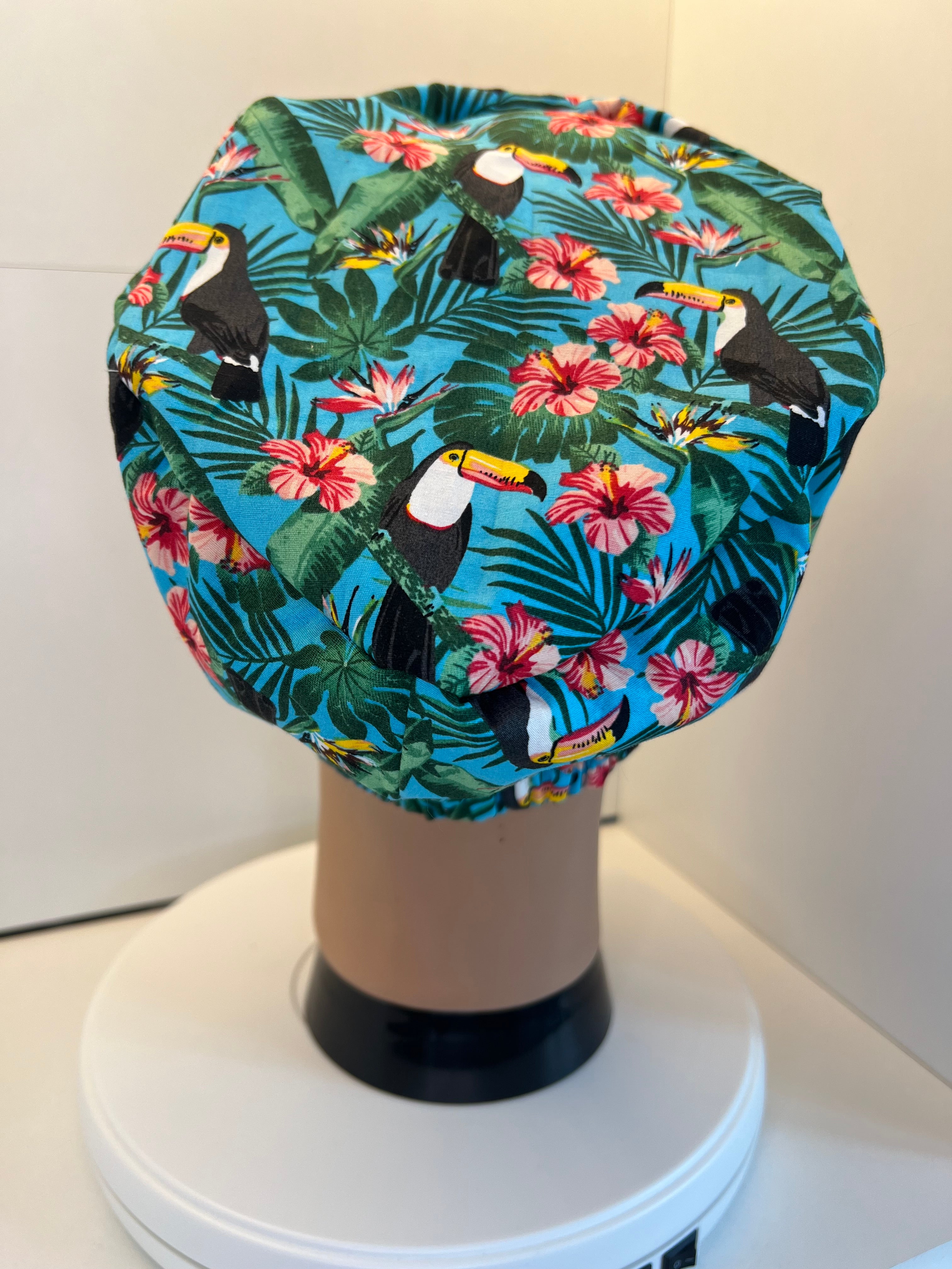 Blue Tropical Toucans 100% Cotton Surgical/Theatre Scrub Hat/Cap. UK Handmade. Optional Satin lining.