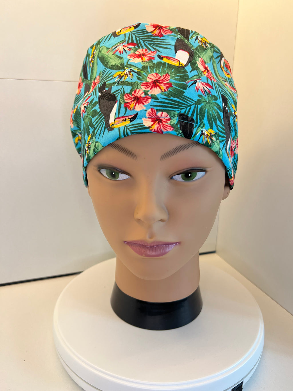 Blue Tropical Toucans 100% Cotton Surgical/Theatre Scrub Hat/Cap. UK Handmade. Optional Satin lining.