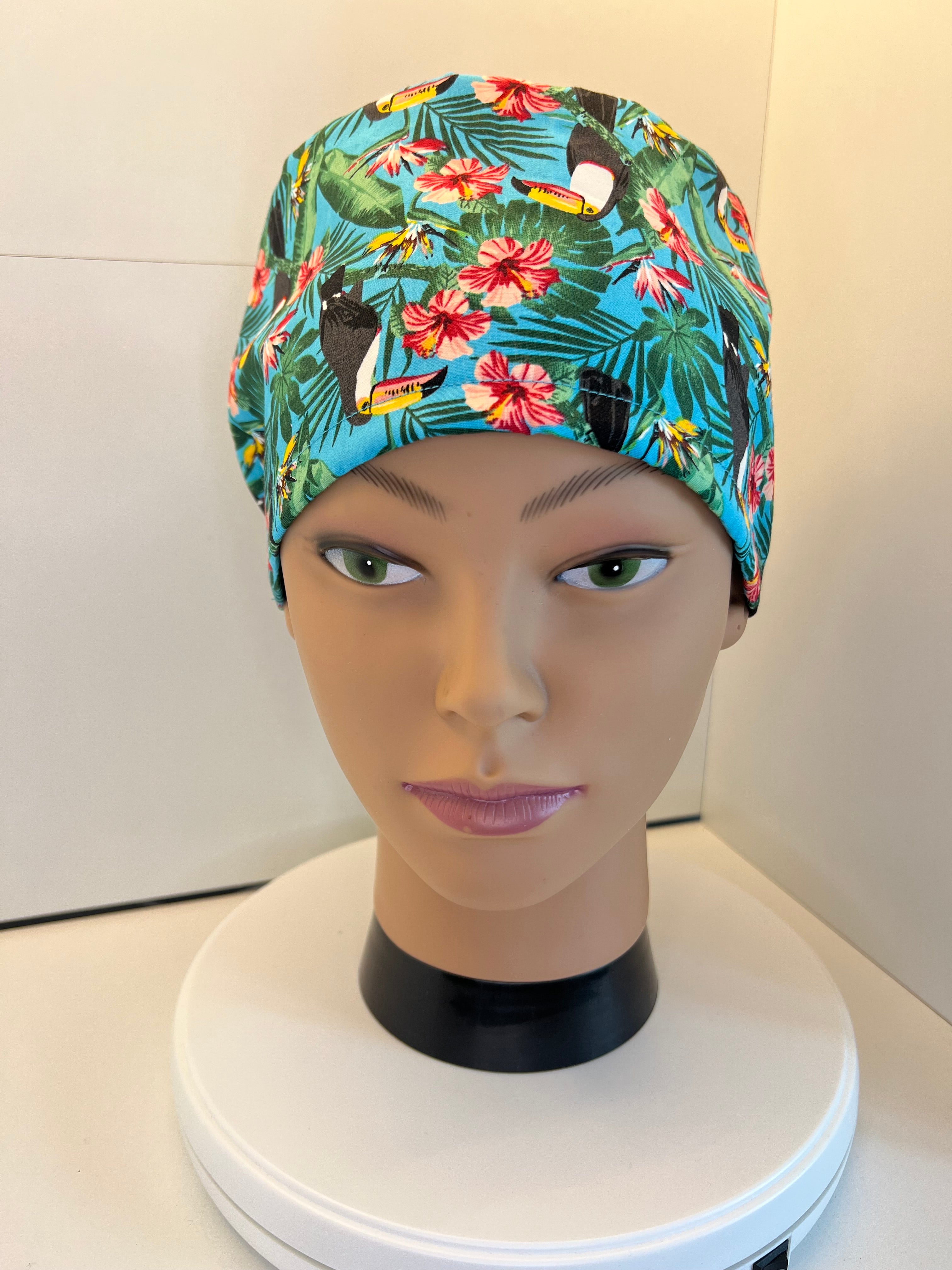 Blue Tropical Toucans 100% Cotton Surgical/Theatre Scrub Hat/Cap. UK Handmade. Optional Satin lining.