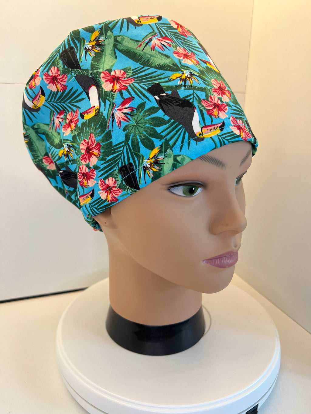 Blue Tropical Toucans 100% Cotton Surgical/Theatre Scrub Hat/Cap. UK Handmade. Optional Satin lining.