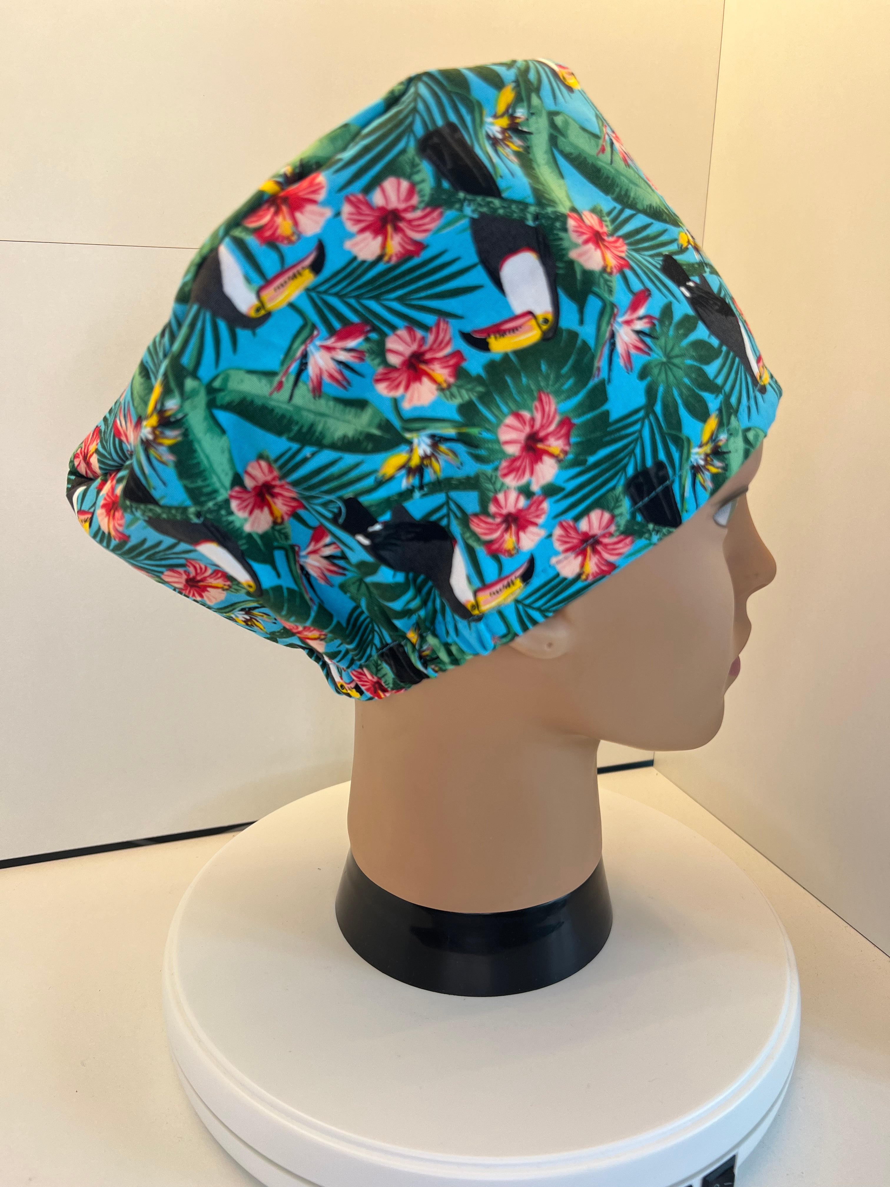 Blue Tropical Toucans 100% Cotton Surgical/Theatre Scrub Hat/Cap. UK Handmade. Optional Satin lining.
