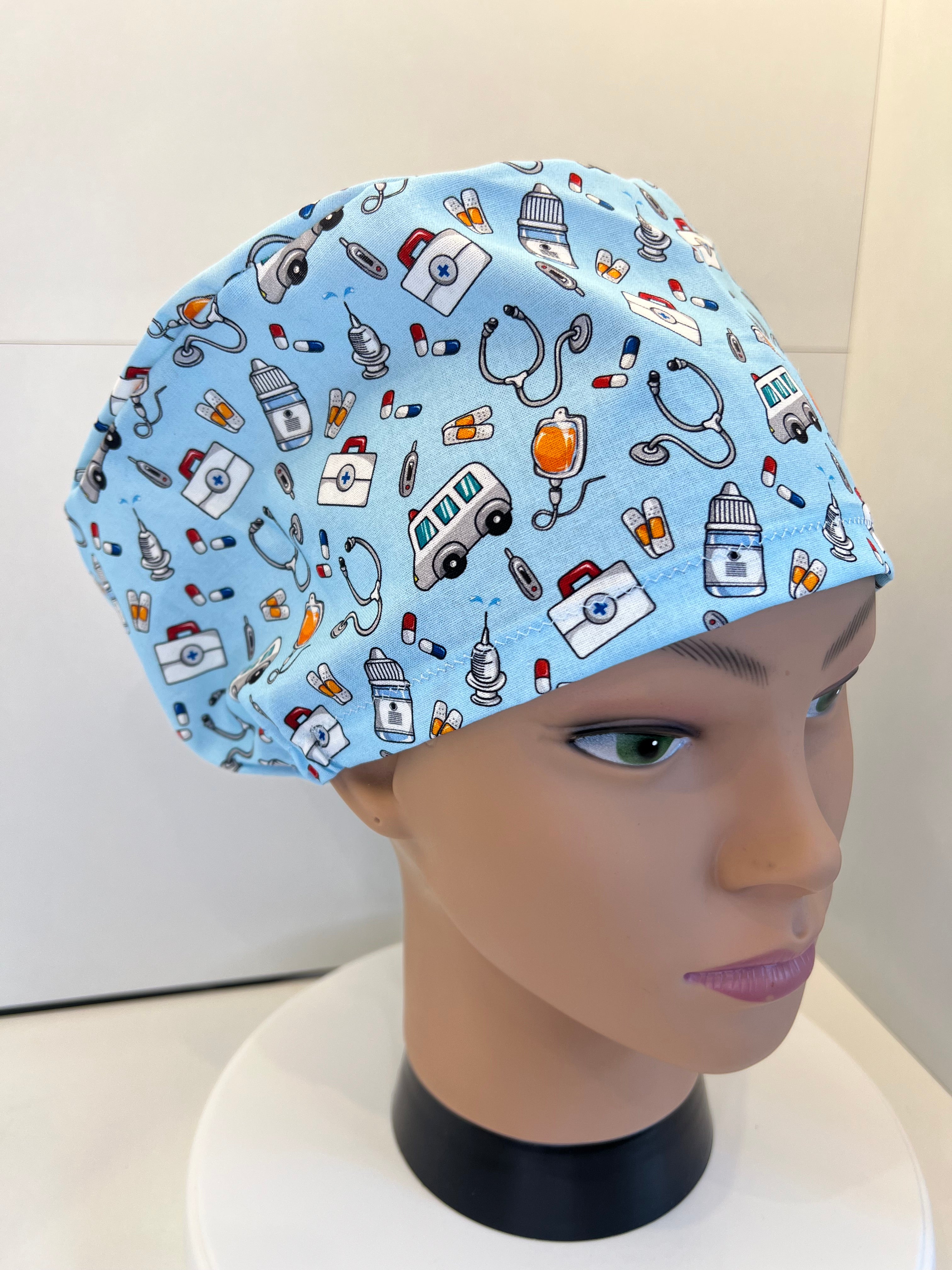 Medical Motifs theatre scrub hat/cap - 100% cotton, Optional Satin lining