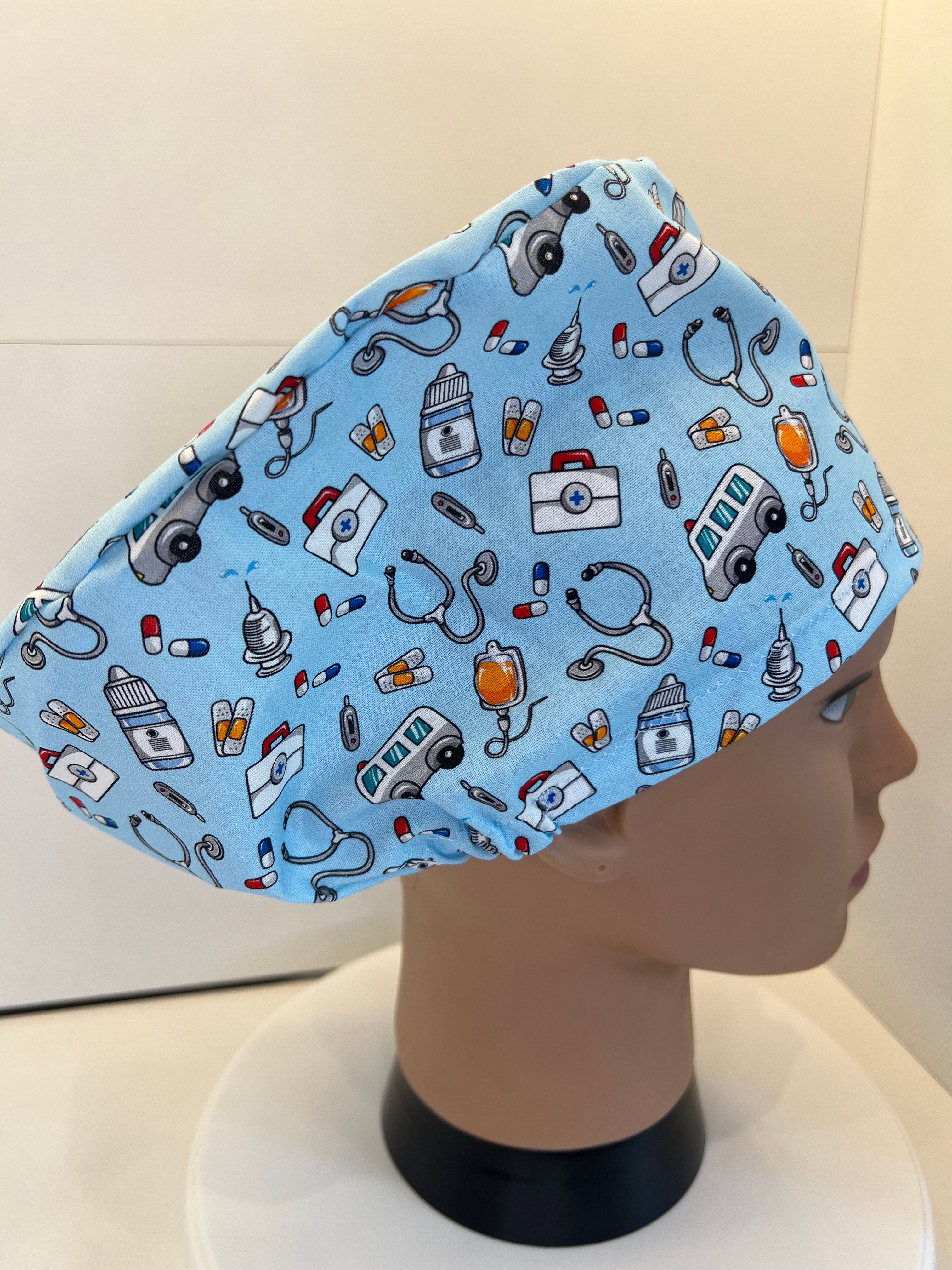 Medical Motifs theatre scrub hat/cap - 100% cotton, Optional Satin lining