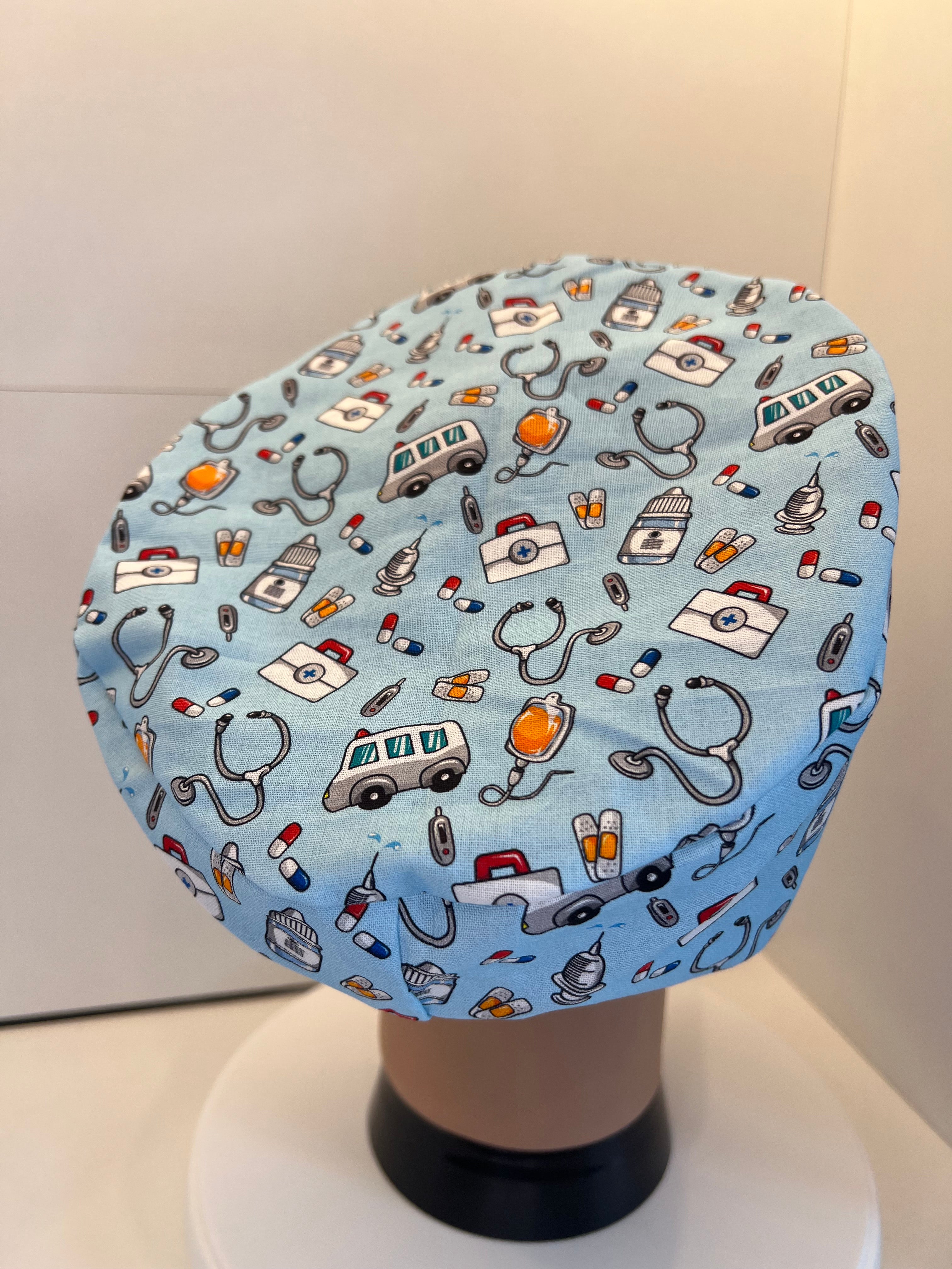 Medical Motifs theatre scrub hat/cap - 100% cotton, Optional Satin lining