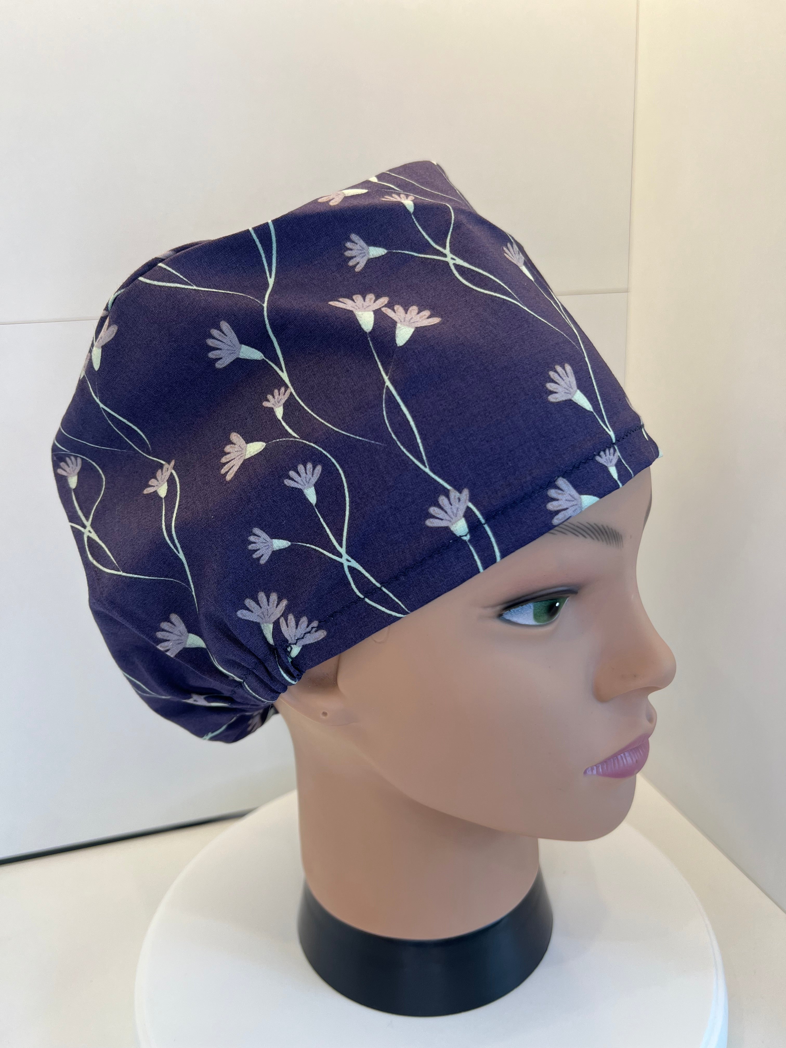 Navy flower theatre scrub hat/cap - 100% cotton Theatre Hat/Scrub Cap