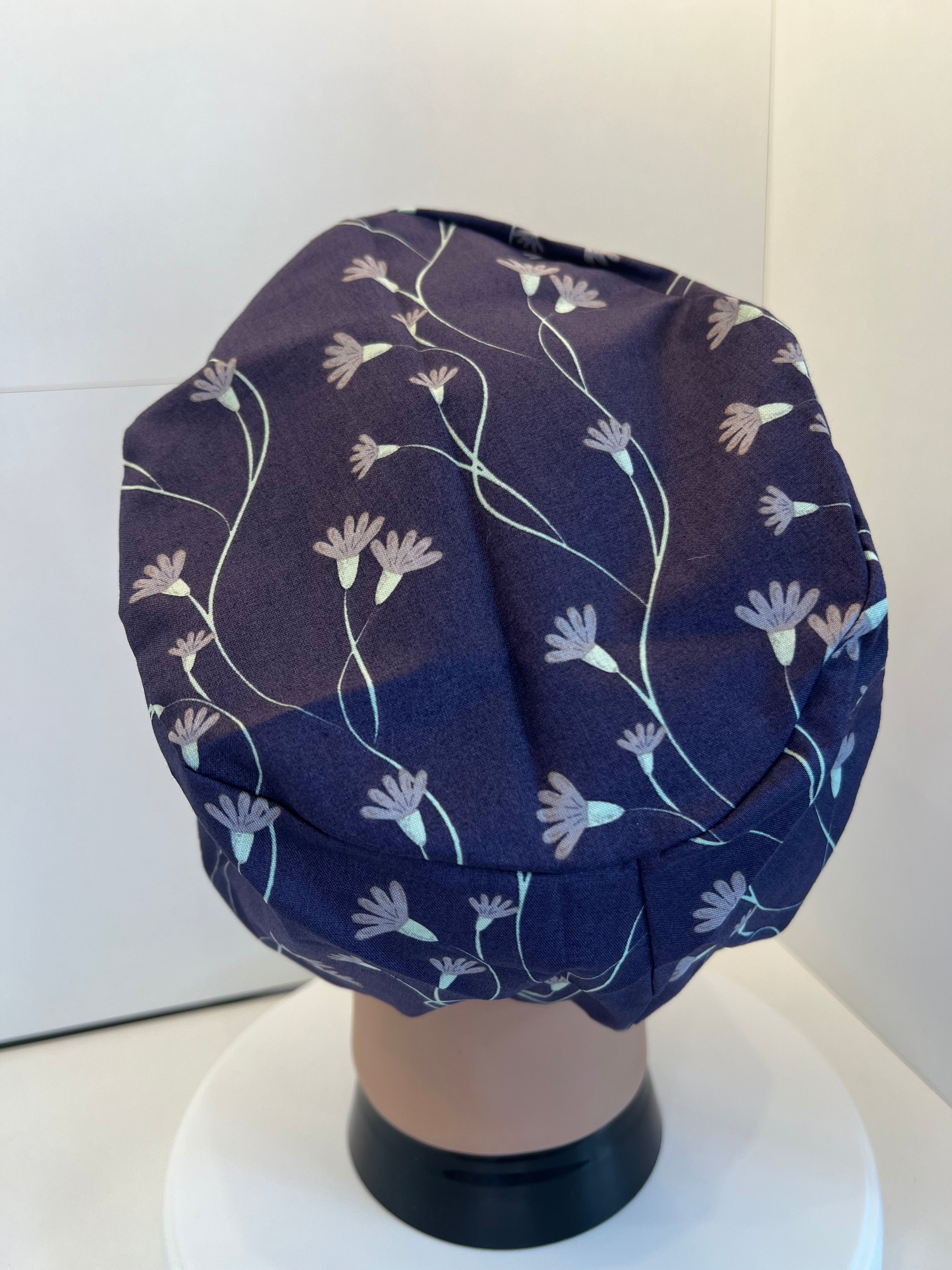 Navy flower theatre scrub hat/cap - 100% cotton Theatre Hat/Scrub Cap