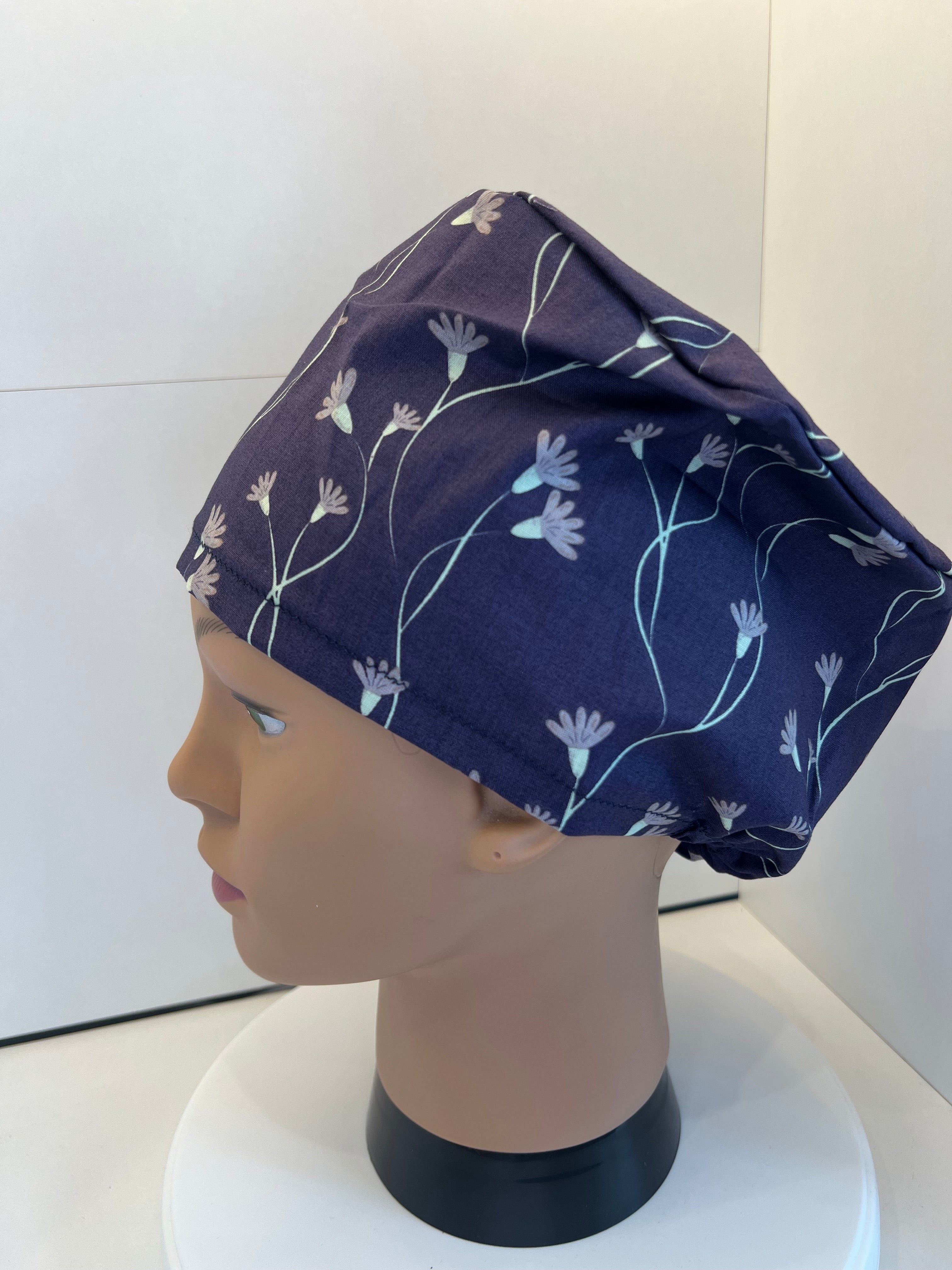 Navy flower theatre scrub hat/cap - 100% cotton Theatre Hat/Scrub Cap