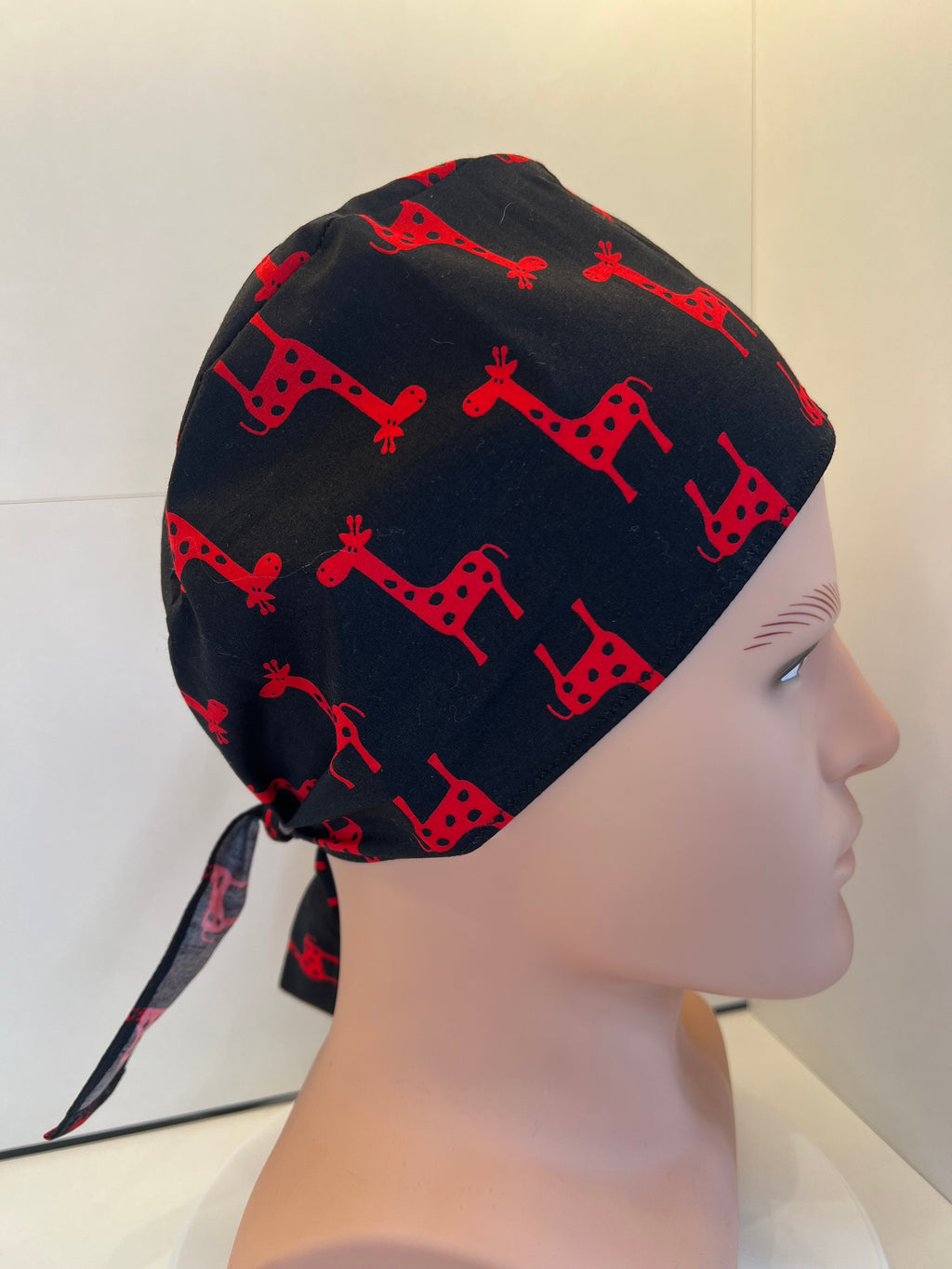 Black and Red Giraffes 100% Cotton Tie-Back Surgical/Theatre Scrub Hat/Cap. UK Handmade