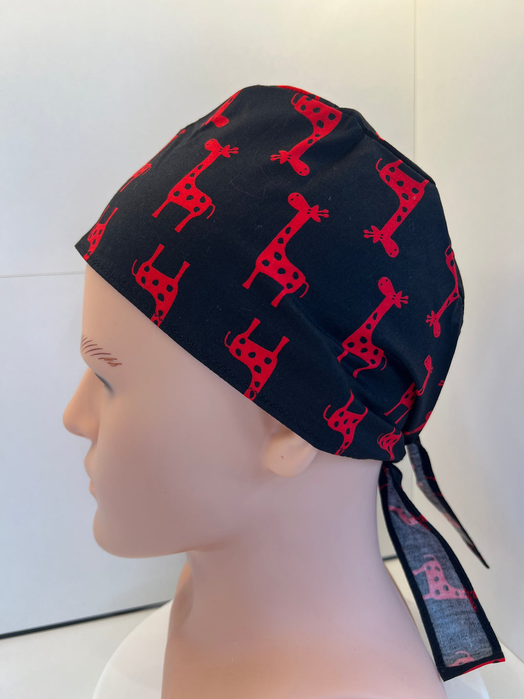 Black and Red Giraffes 100% Cotton Tie-Back Surgical/Theatre Scrub Hat/Cap. UK Handmade