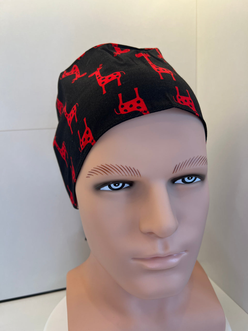 Black and Red Giraffes 100% Cotton Tie-Back Surgical/Theatre Scrub Hat/Cap. UK Handmade