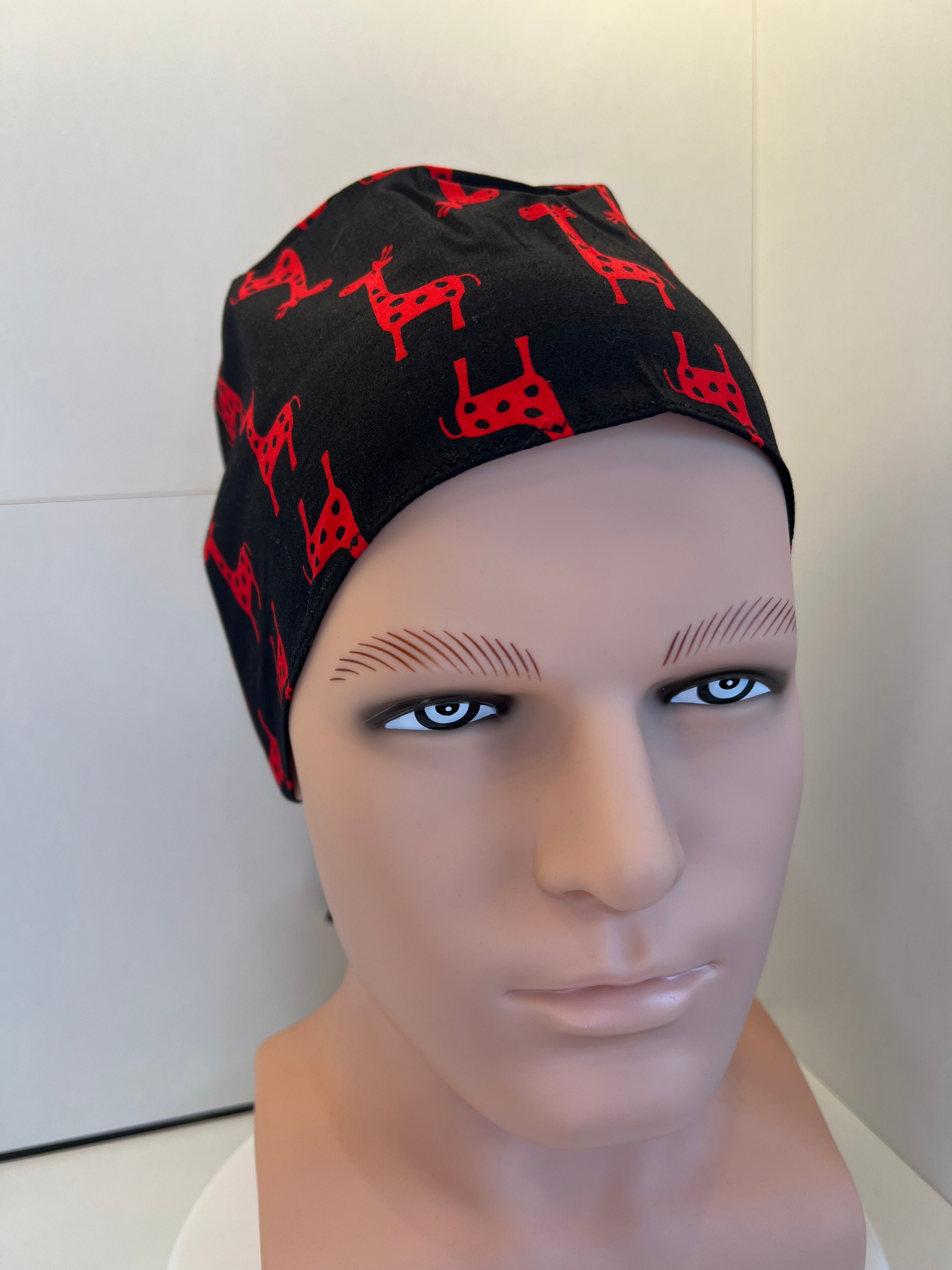 Black and Red Giraffes 100% Cotton Tie-Back Surgical/Theatre Scrub Hat/Cap. UK Handmade