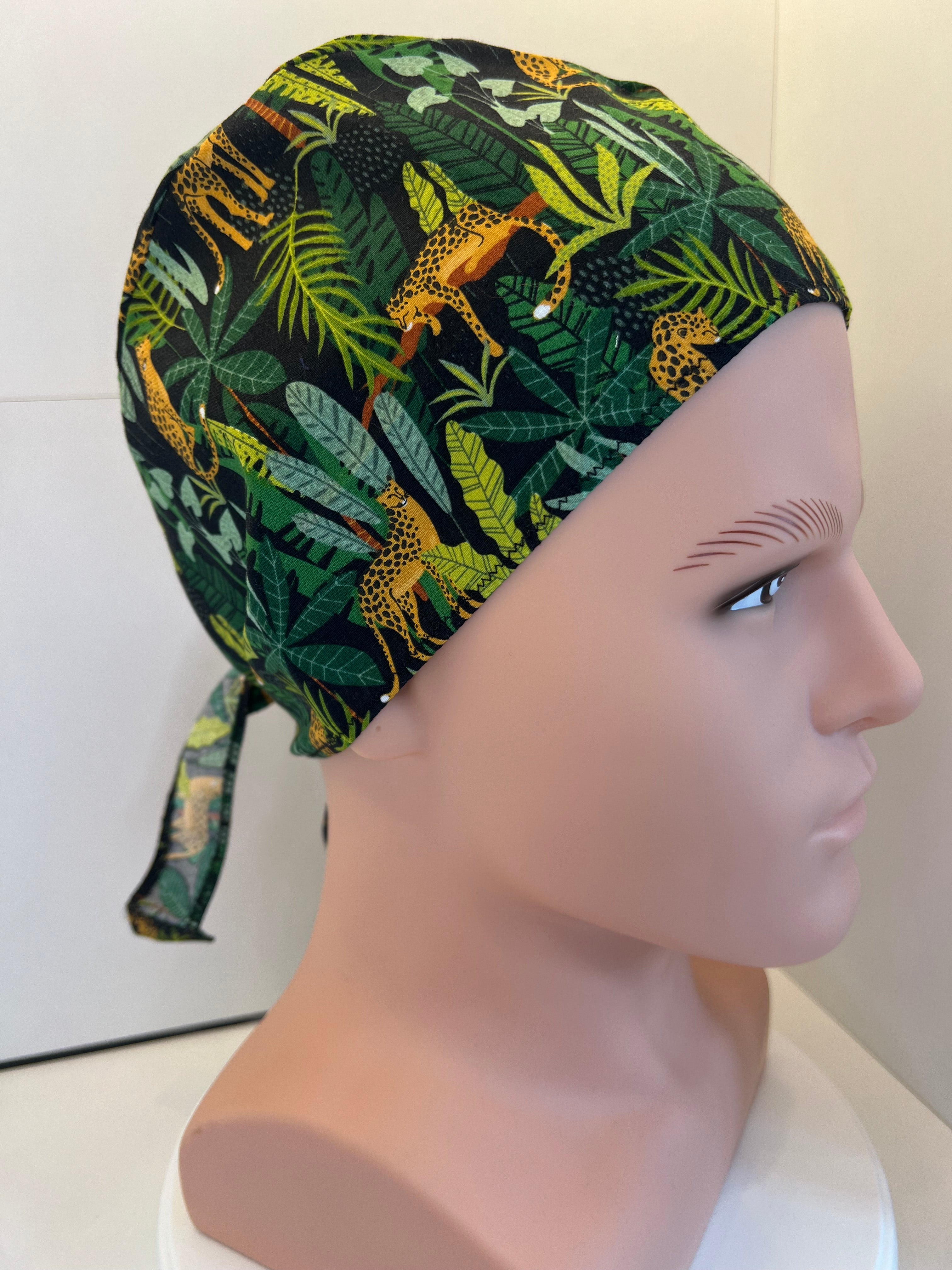 Jaguar Jungle Cotton Fabric tie-back theatre scrub cap / hat.  Ethically made