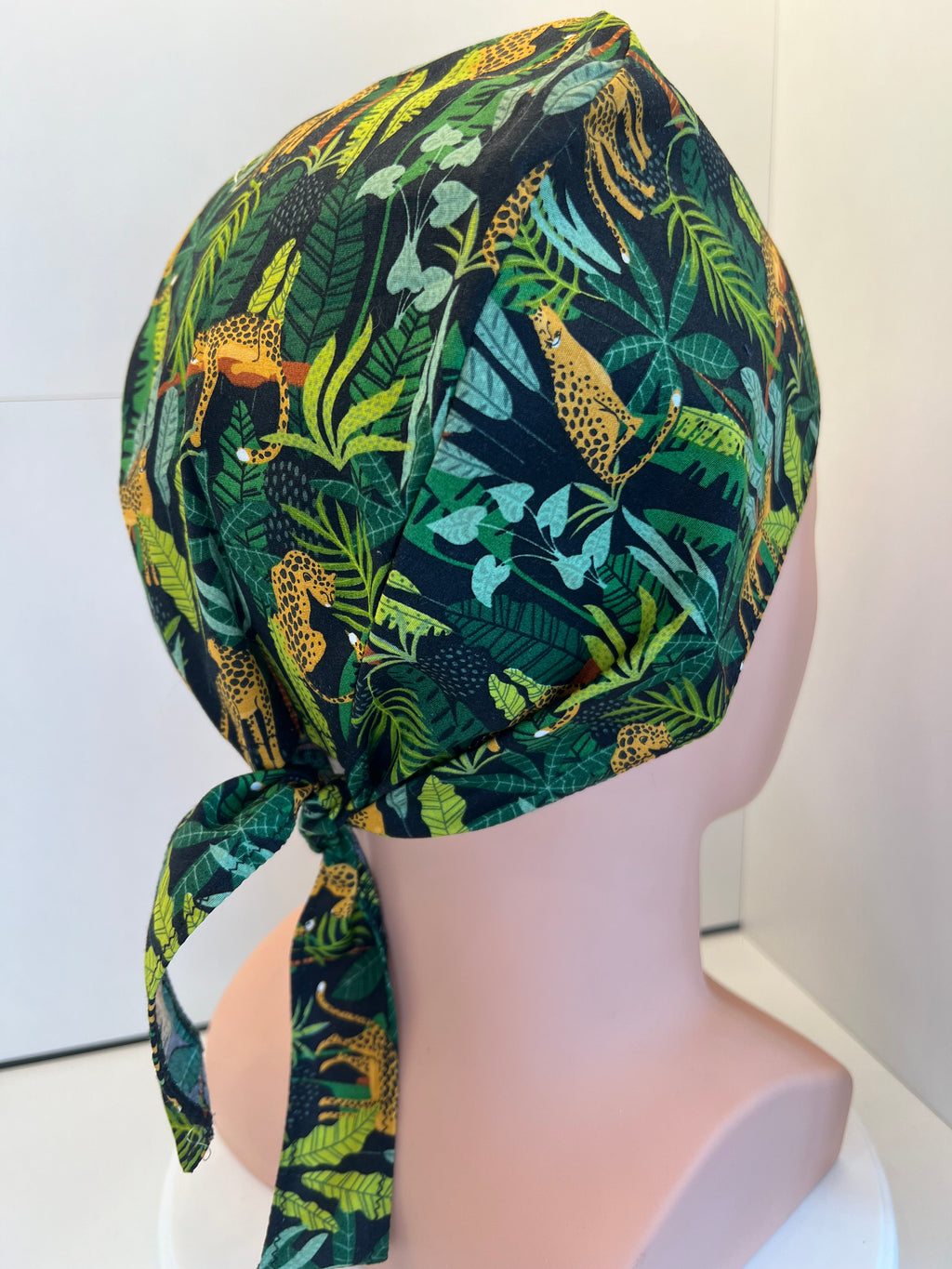 Jaguar Jungle Cotton Fabric tie-back theatre scrub cap / hat.  Ethically made