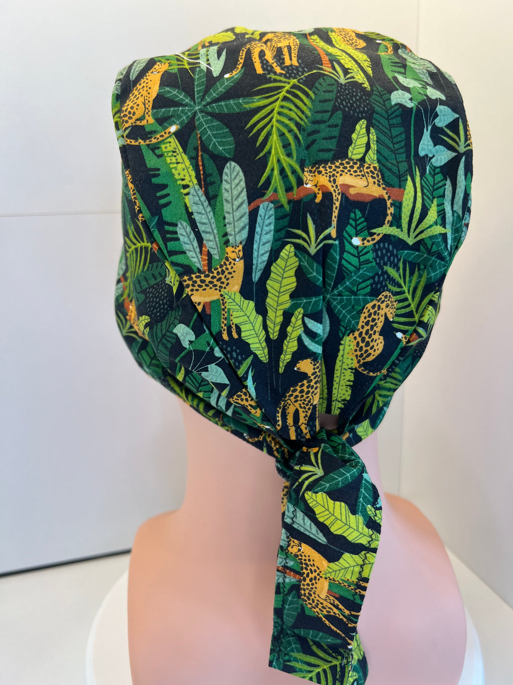 Jaguar Jungle Cotton Fabric tie-back theatre scrub cap / hat.  Ethically made