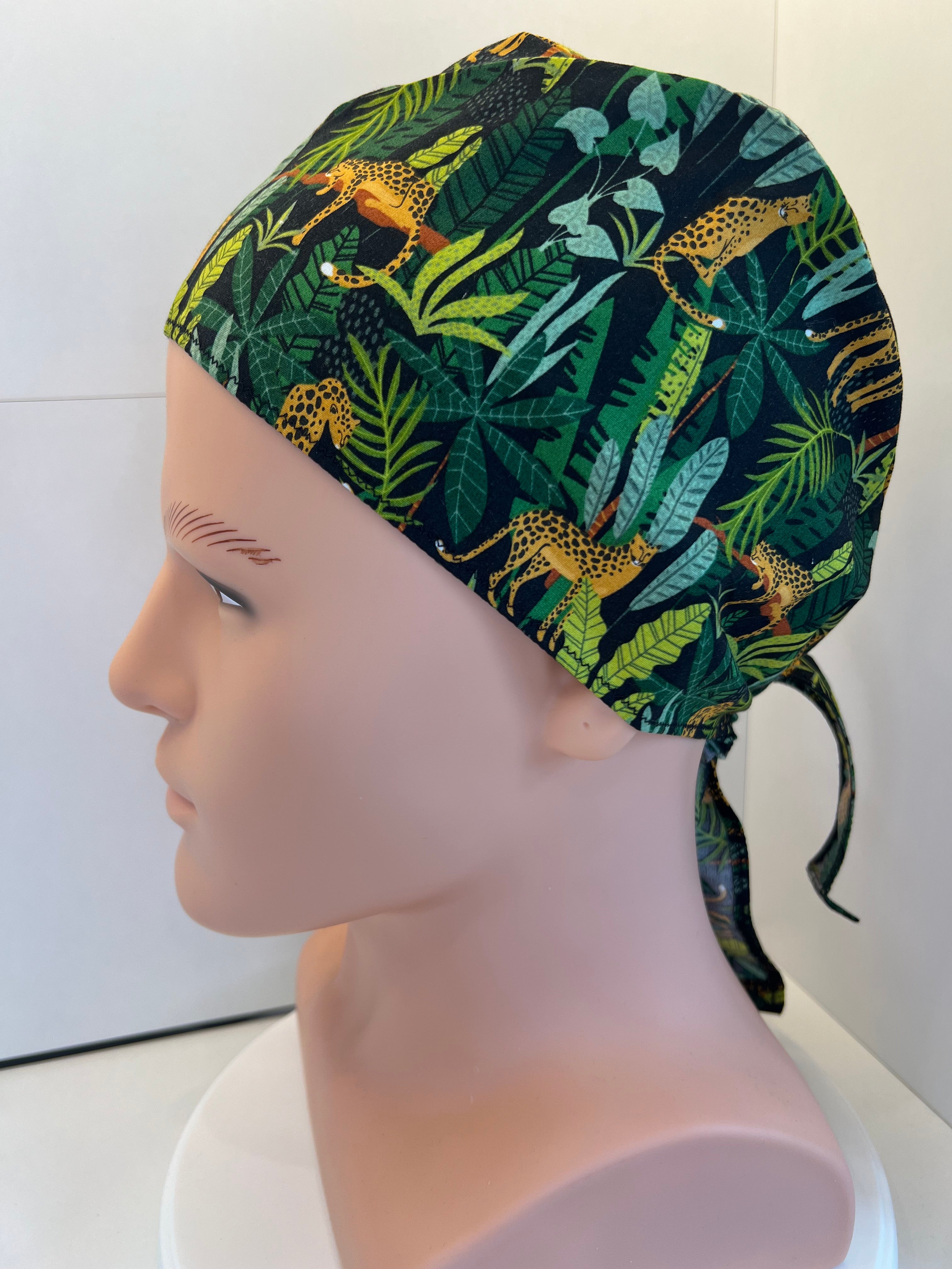 Jaguar Jungle Cotton Fabric tie-back theatre scrub cap / hat.  Ethically made