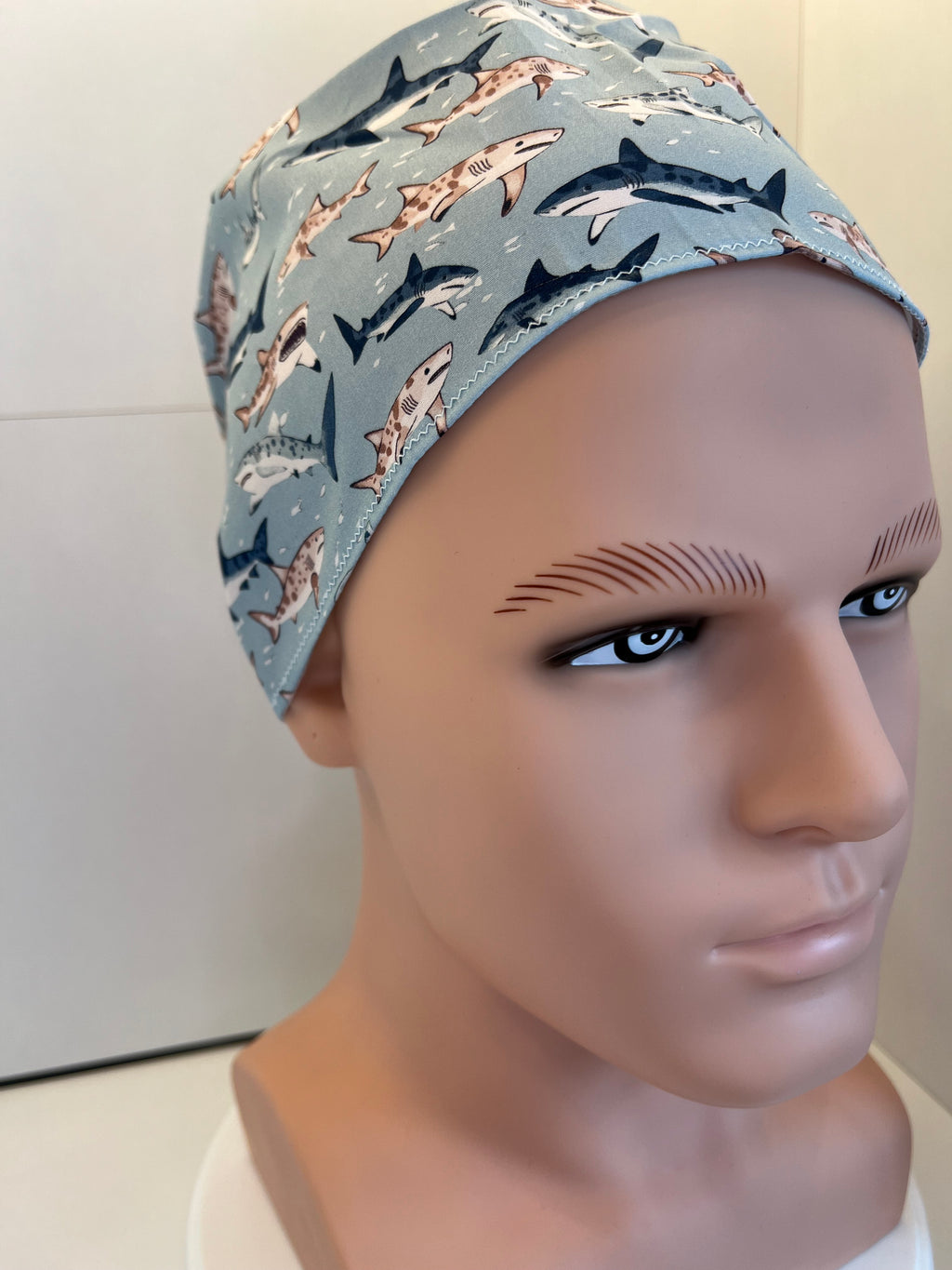 Blue Sharks 100% Cotton Tie-Back Surgical/Theatre Scrub Hat/Cap. UK Handmade