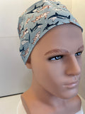 Blue Sharks 100% Cotton Tie-Back Surgical/Theatre Scrub Hat/Cap. UK Handmade