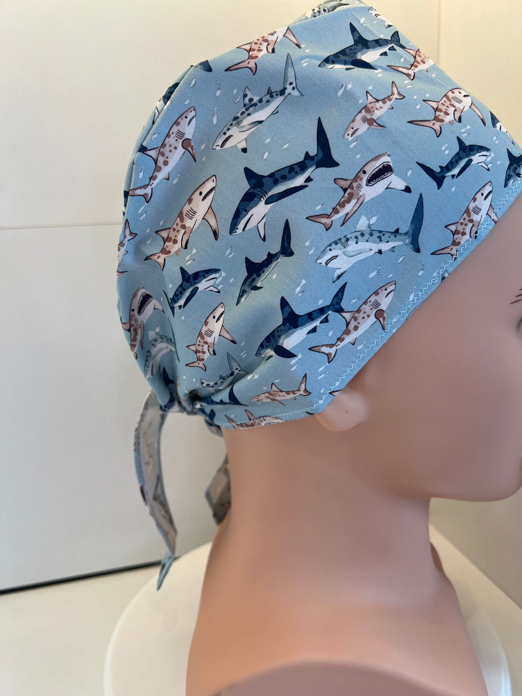 Blue Sharks 100% Cotton Tie-Back Surgical/Theatre Scrub Hat/Cap. UK Handmade