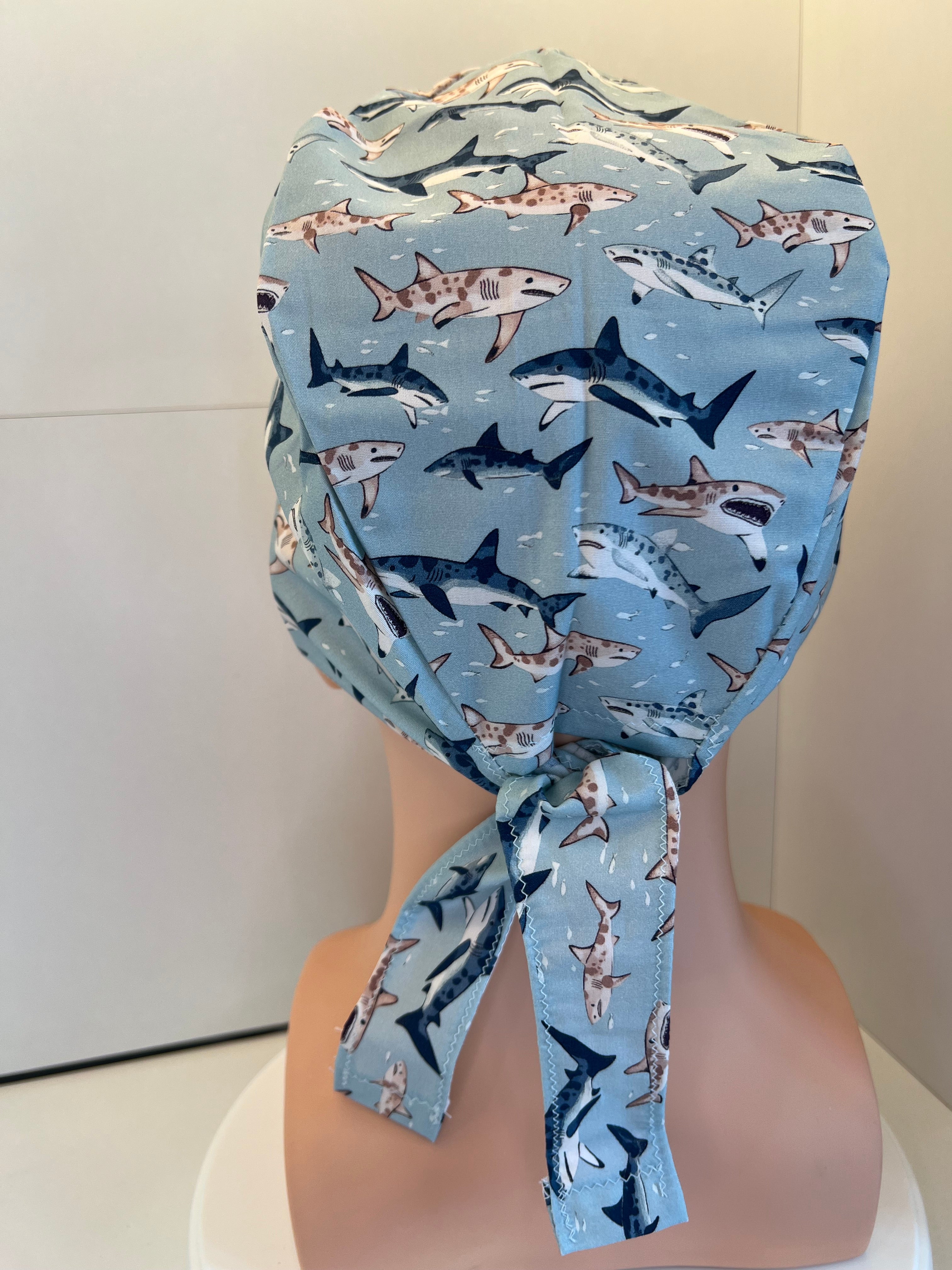 Blue Sharks 100% Cotton Tie-Back Surgical/Theatre Scrub Hat/Cap. UK Handmade