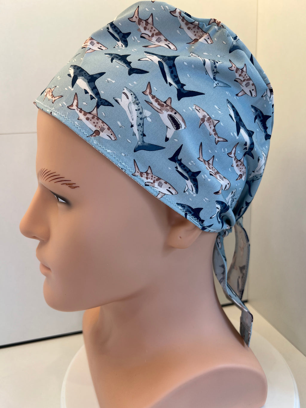 Blue Sharks 100% Cotton Tie-Back Surgical/Theatre Scrub Hat/Cap. UK Handmade