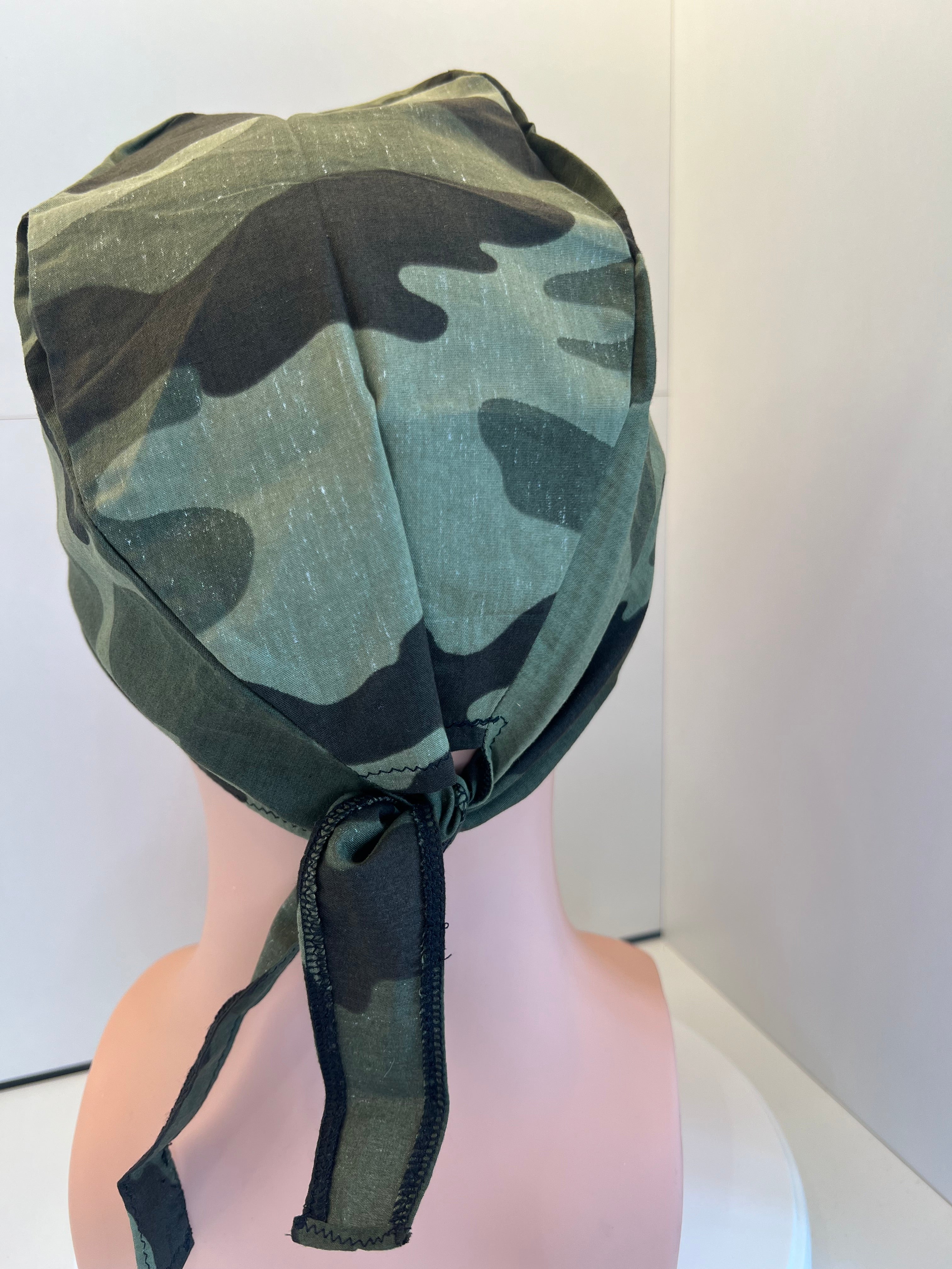 Camouflage Cotton Fabric tie-back theatre scrub cap / hat.  Ethically made